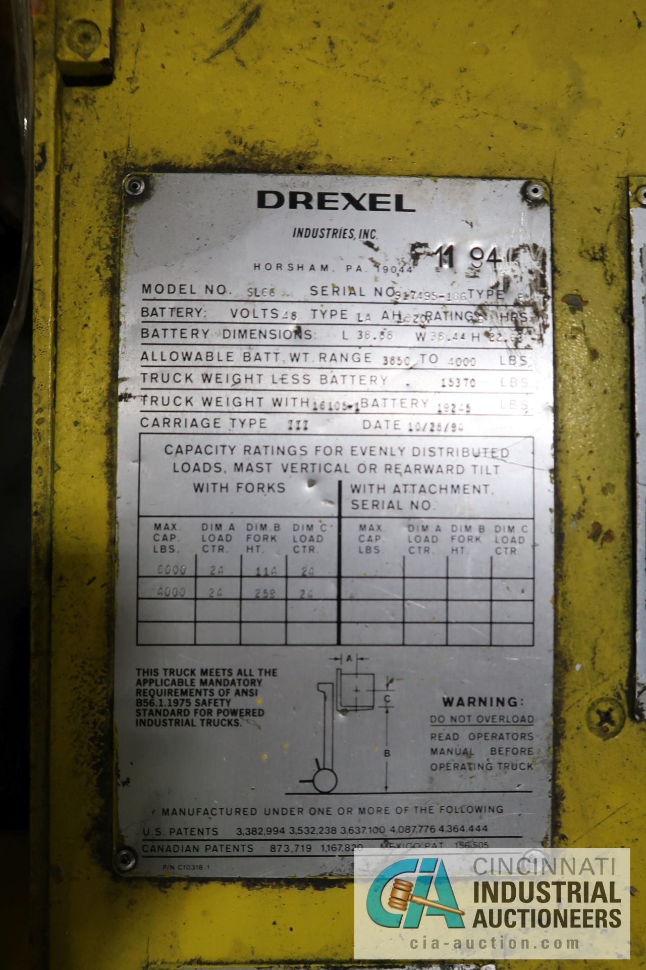 6,500 LB DREXEL MODEL SL66 SWING MAST ELECTRIC SOLID TIRE LIFT TRUCK; S/N 917495-186, 3-STAGE - Image 9 of 10