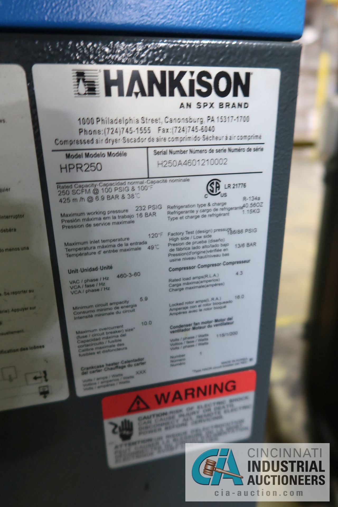 HANKISON MODEL HPR250 REFRIGERATED AIR DRYER; S/N H250A4501210002 - Image 3 of 3