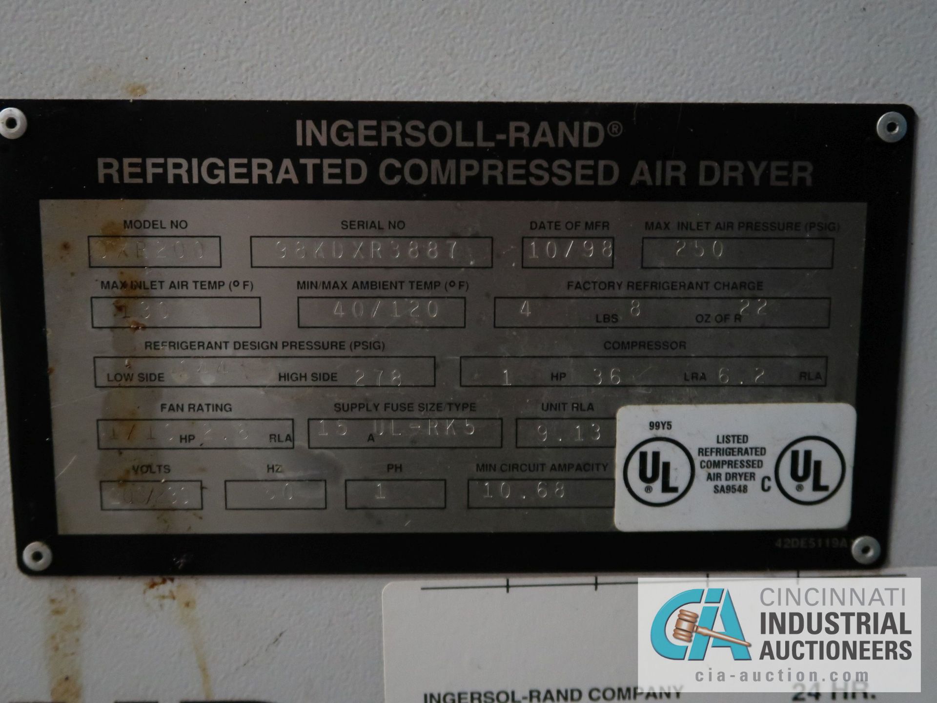 INGERSOL RAND MODEL DXR200 COMPRESSED AIR DRYER, S/N 98KDXR3887, 12-22 REFRIGERANT - Image 3 of 3