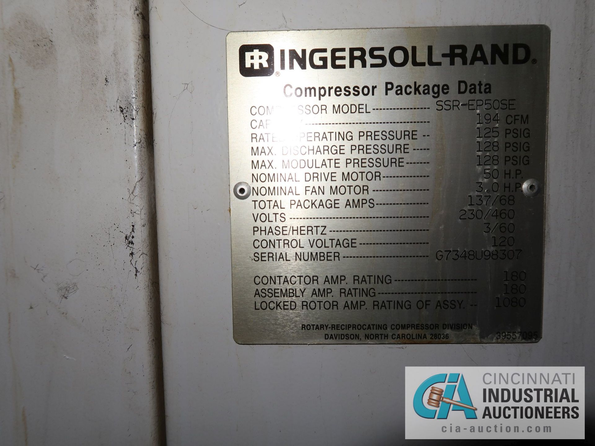 50-HP INGERSOLL RAND MODEL SSR-EP50SE AIR COMPRESSOR; S/N G7348U98307, 125 PSIG - Image 4 of 4