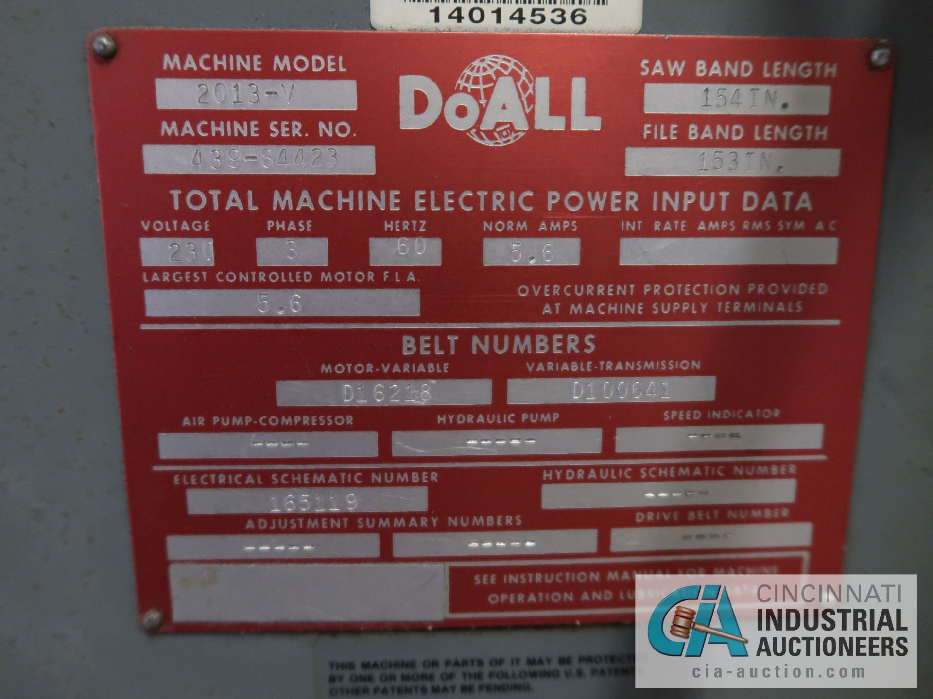 20" DOALL MODEL 2013-V VERTICAL BAND SAW; S/N 439-84423 - Image 5 of 5