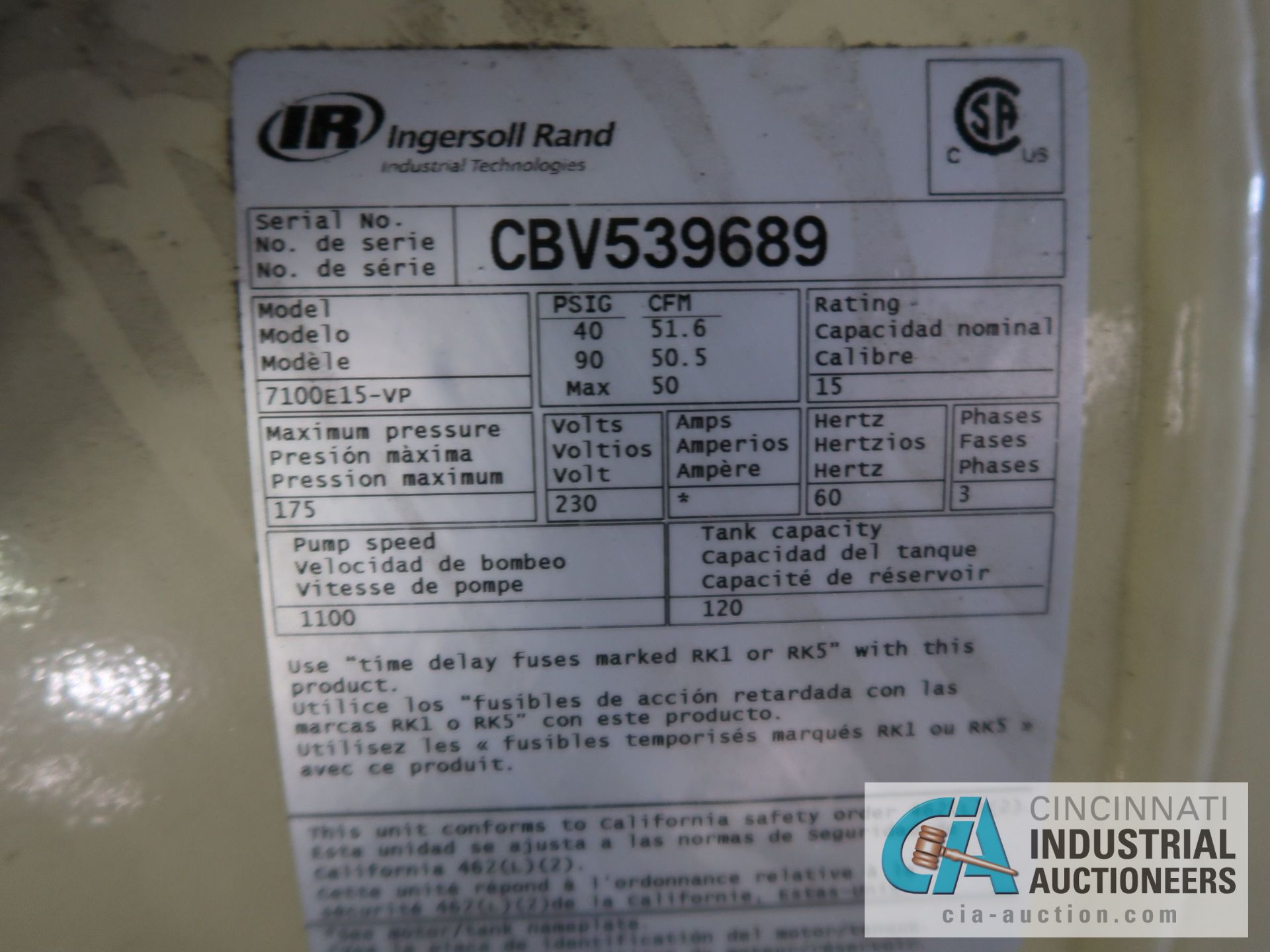 15-HP INGERSOLL RAND MODEL 7100E15-VP HORIZONTAL TANK MOUNTED AIR COMPRESSOR; S/N CBV5391689 - Image 3 of 3