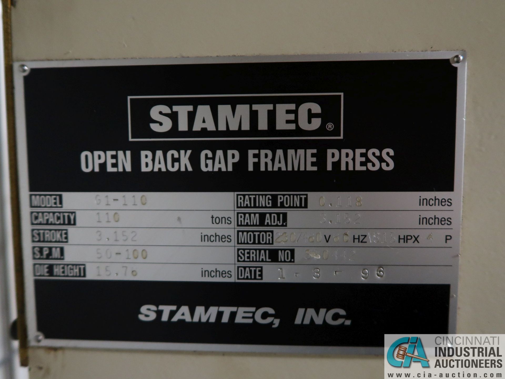121 TON STAMTEC MODEL G1-110 OPEN BACK GAP FRAME PRESS; S/N 550442, 3.152" STROKE, 50-100 SPM, 15. - Image 12 of 12