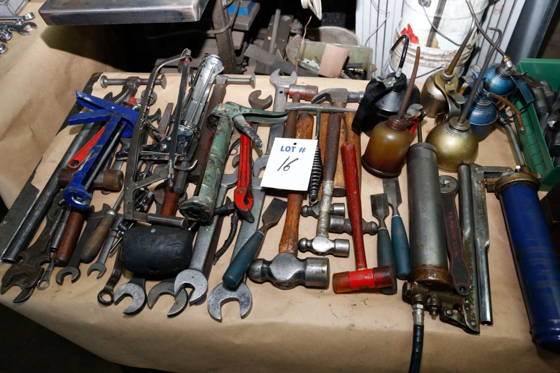 LOT OF HAND TOOLS, OIL PUMPS, GREASE GUNS