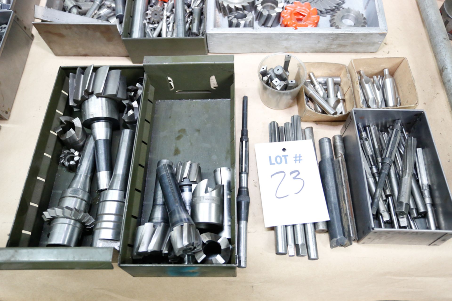 7 BOXES OF MILLING CUTTERS, REAMERS, COUNTERSINKS, ETC