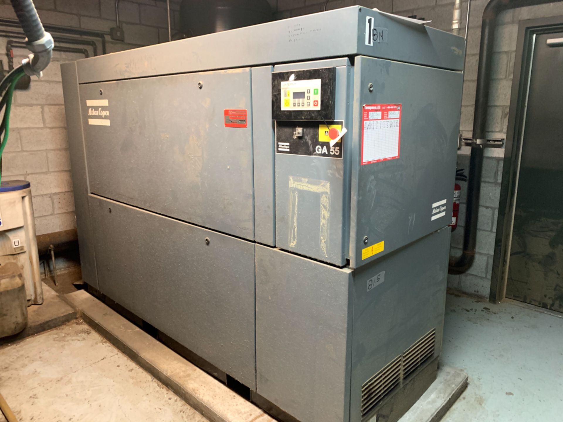 ATLAS COPCO GA 55, 75 HP AIR COMPRESSOR, WATER COOLED, S/N: A11456766, 600 VOLTS, W/ ATLAS COPCO