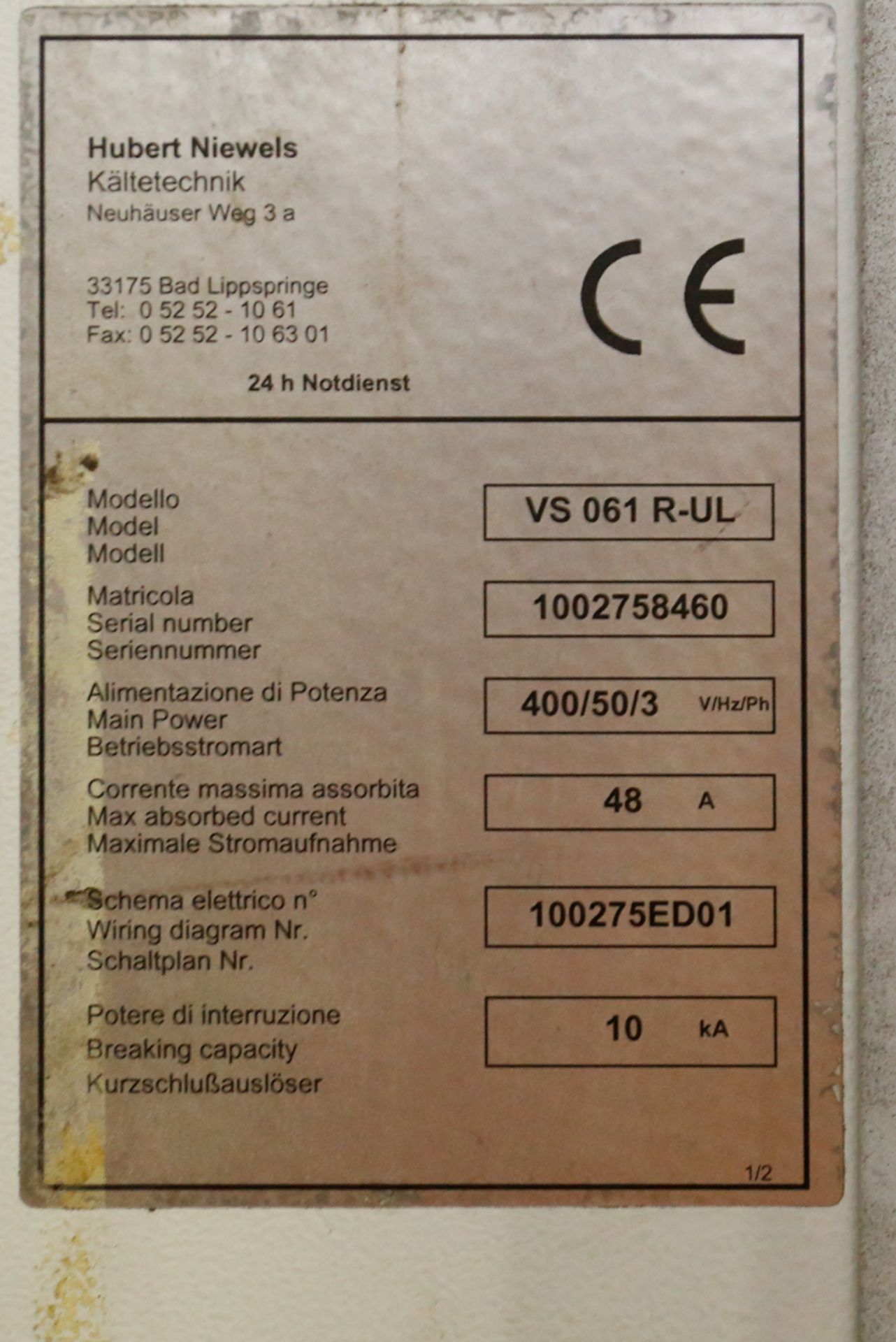 HUBERT NIEWELS VS061R-UL CHILLER (ITEM # 7.35.0) - Image 2 of 3