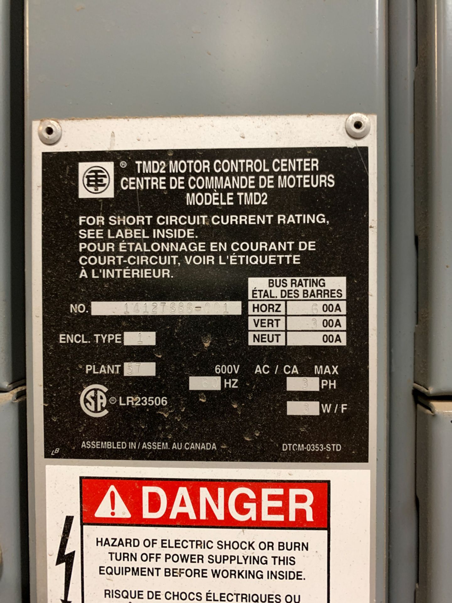 TEE TMD2 MOTOR CONTROL CENTER (MCC), BUS RATING HORIZONBTAL: 600 AMP, VERTICAL 300 AMP, 600 - Image 2 of 2