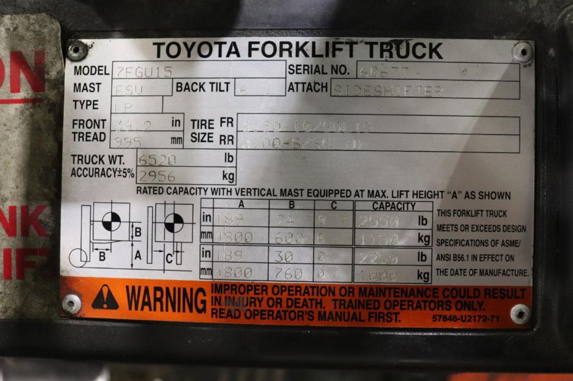 Toyota 7FGU15 2500lbs forklift - Image 8 of 9