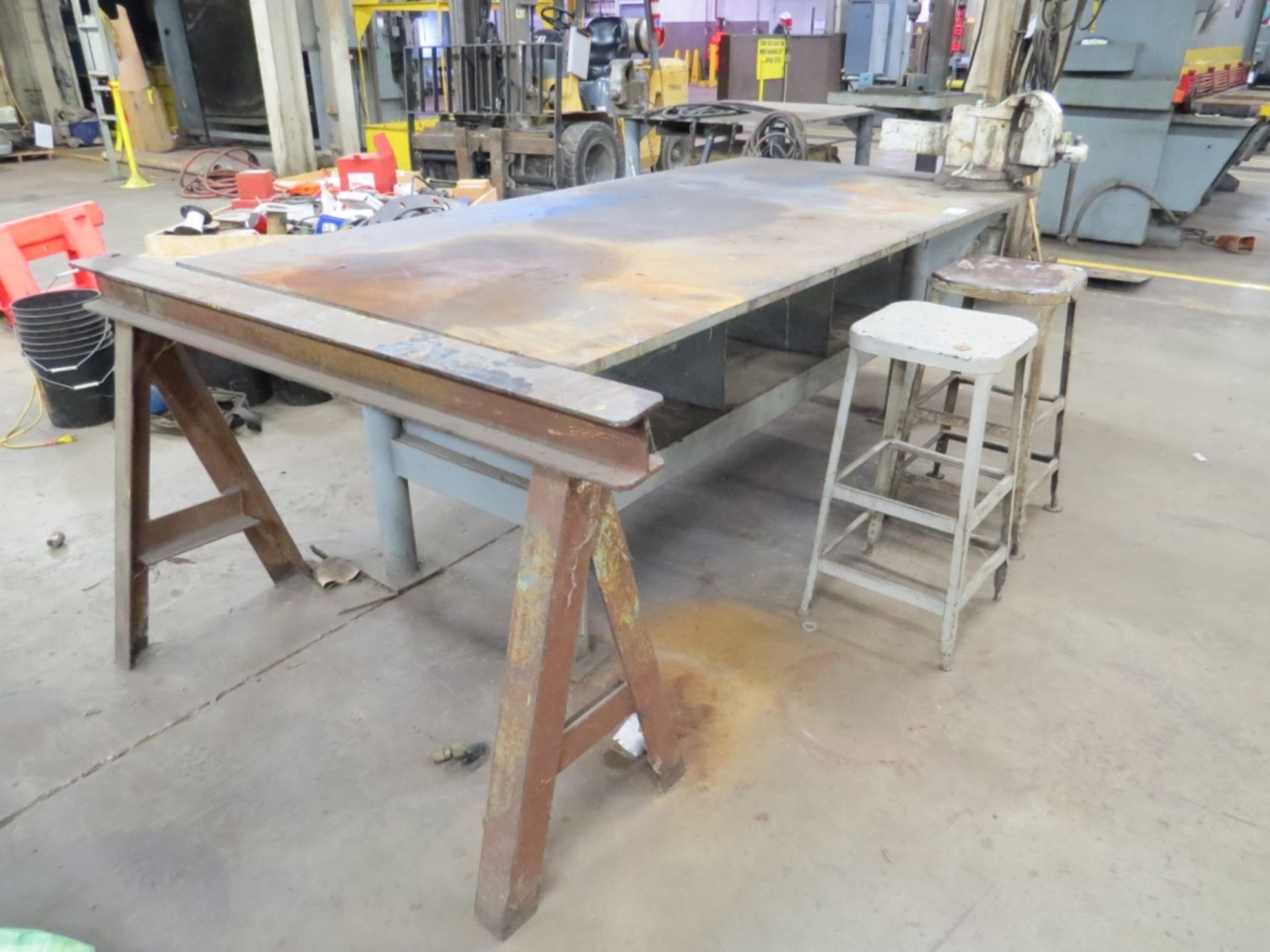 Shop Table with Vise, Stools and Custom Sawhorse- - Image 2 of 11