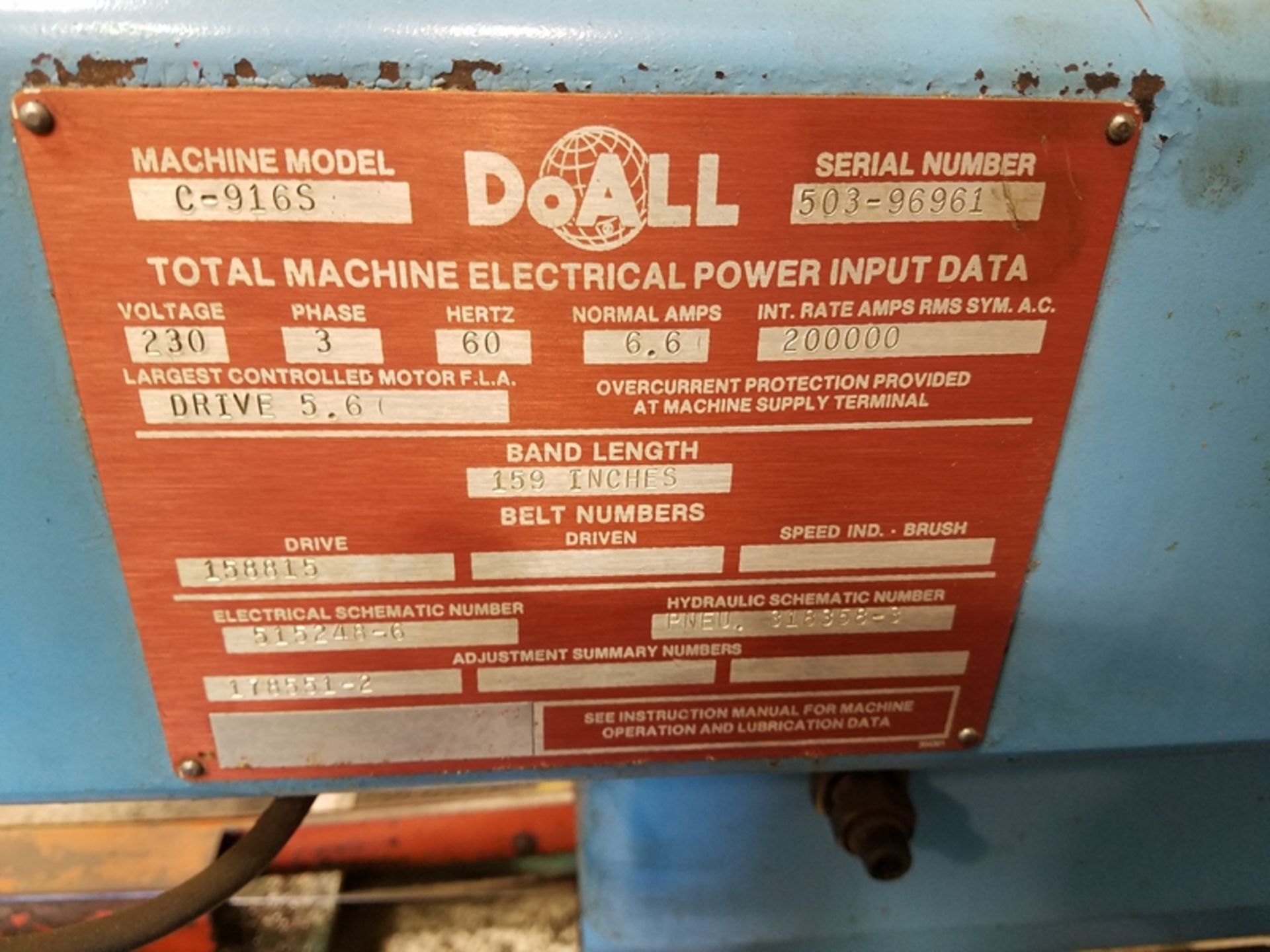 Do-ALL C-916S Horizontal saw 3 phase Model C916DSser # 50396961 Model C916DS ser # 50396961 - Image 4 of 4