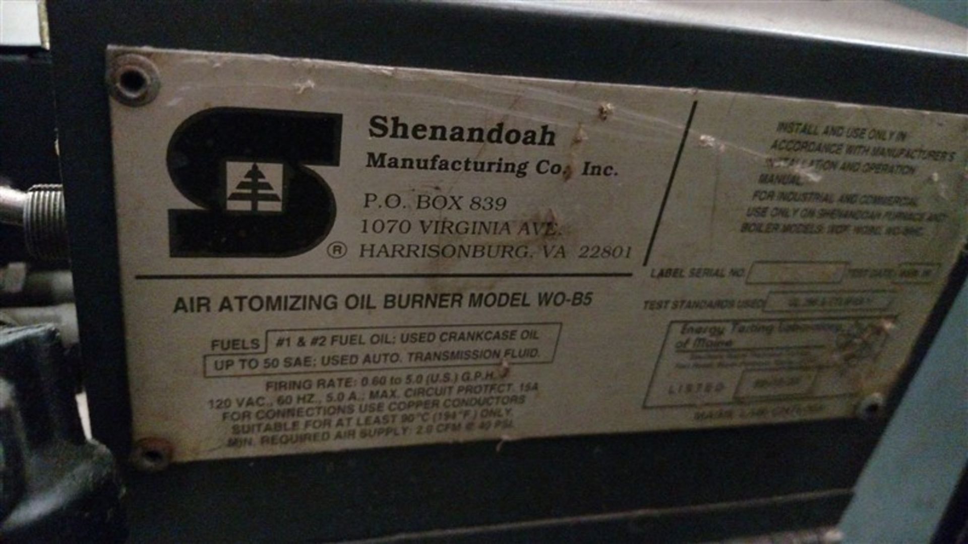 Shenandoah Horizon 200 Multi-Oil Heater w/ WO-B5 Air Oil Burner, Husky 1040 Diaphragm Waste Oil Pump - Image 3 of 11
