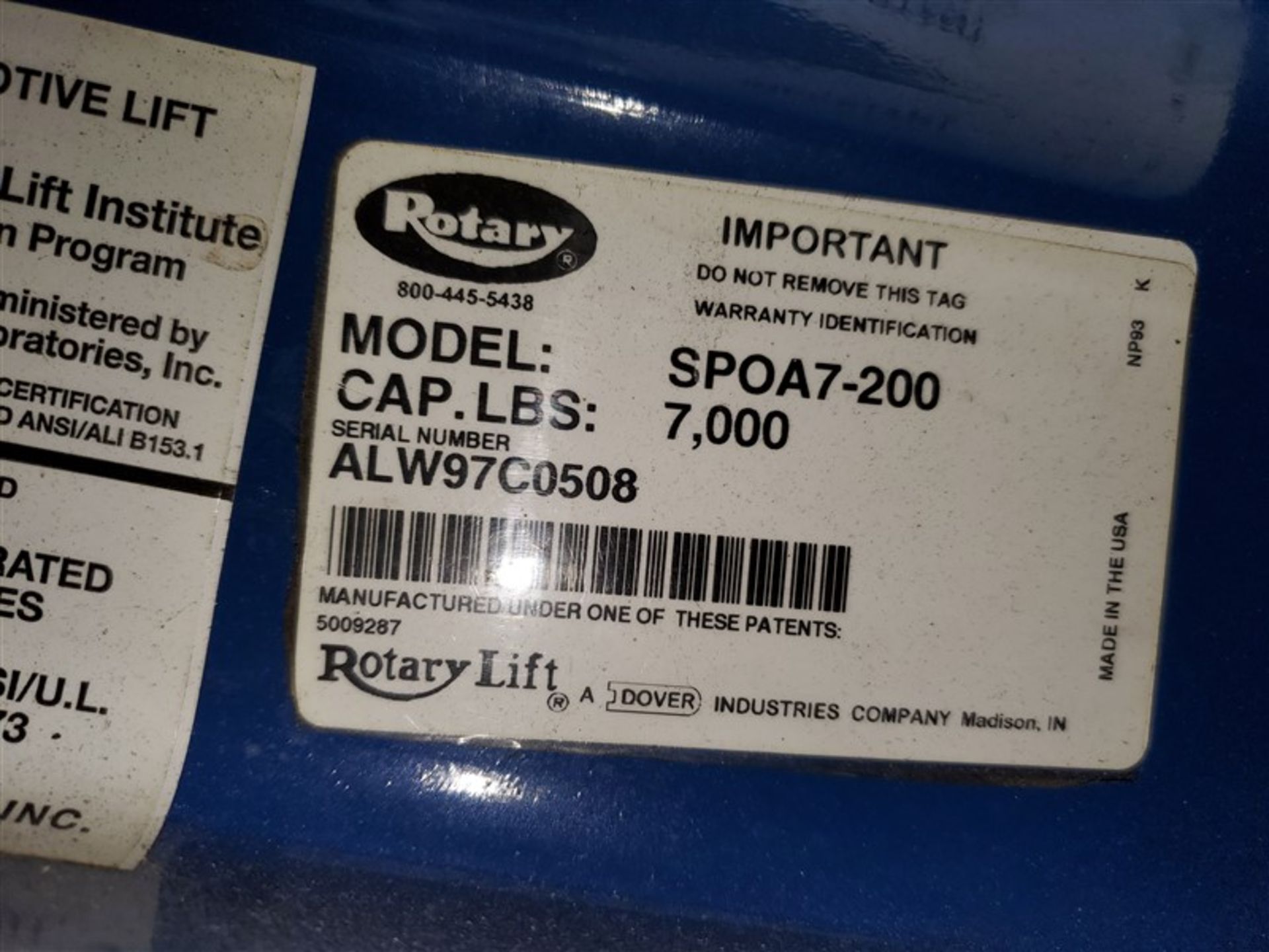Rotary Model SPOA7-200 (7,000#) 2-Post Surface Lift s/n ALW97C0508 (1 x Your Bid) - Image 2 of 4
