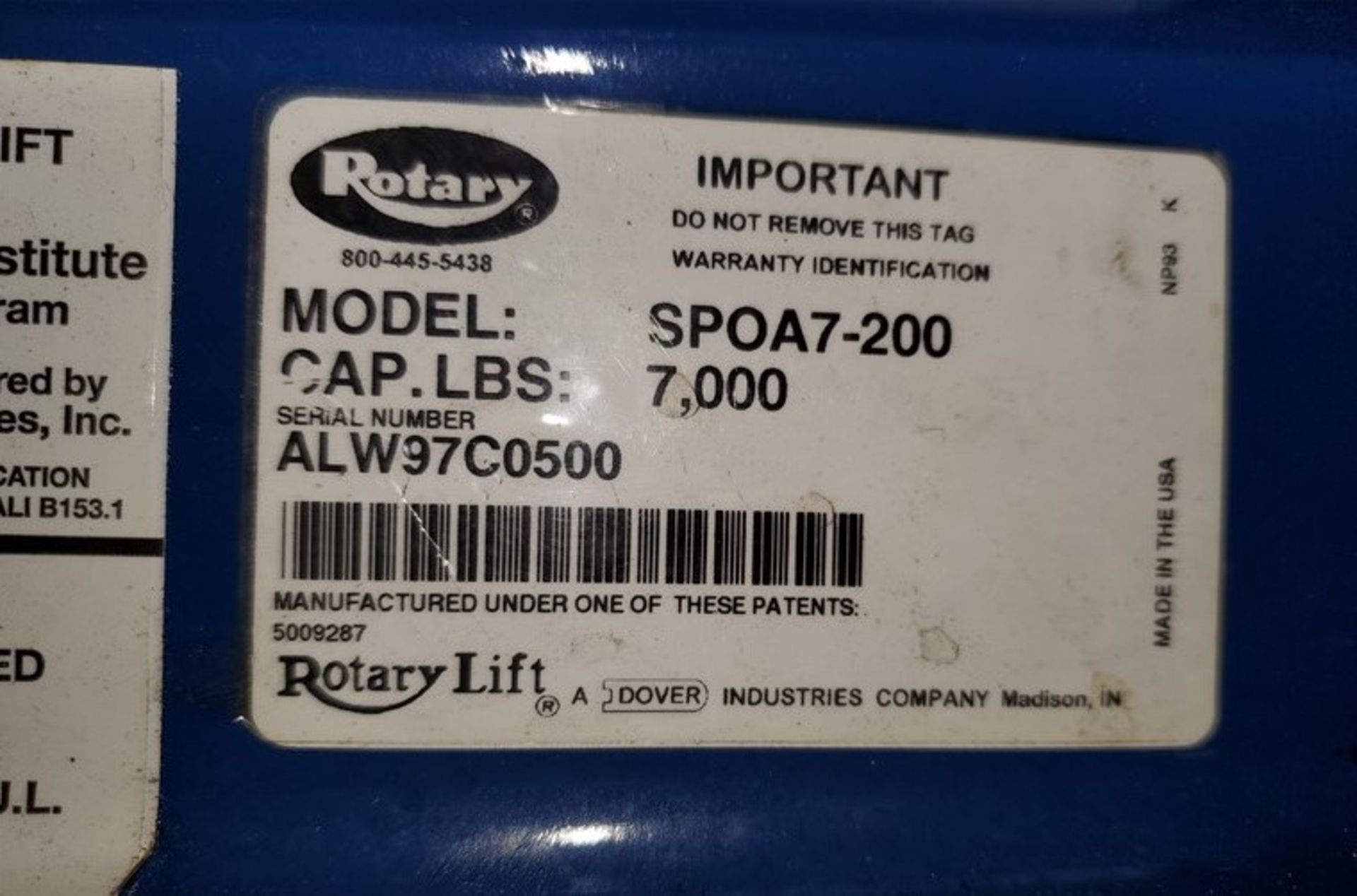 Rotary Model SPOA7-200 (7,000#) 2-Post Surface Lift s/n ALW97C0500 (1 x Your Bid) - Image 2 of 4