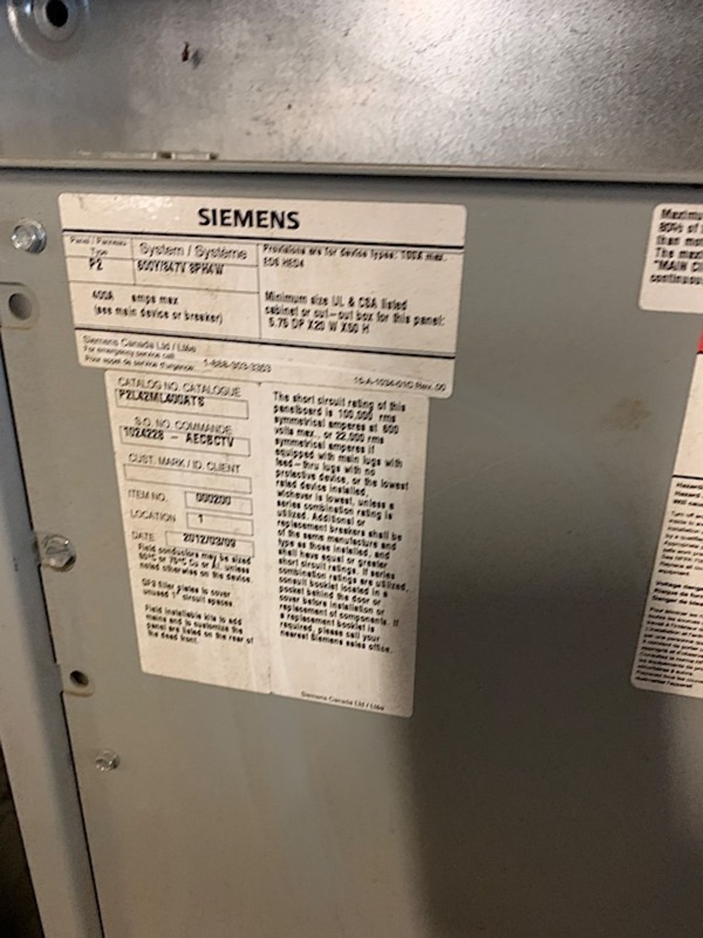 SIEMENS 400AMP ELECTRICAL PANEL - Image 2 of 3