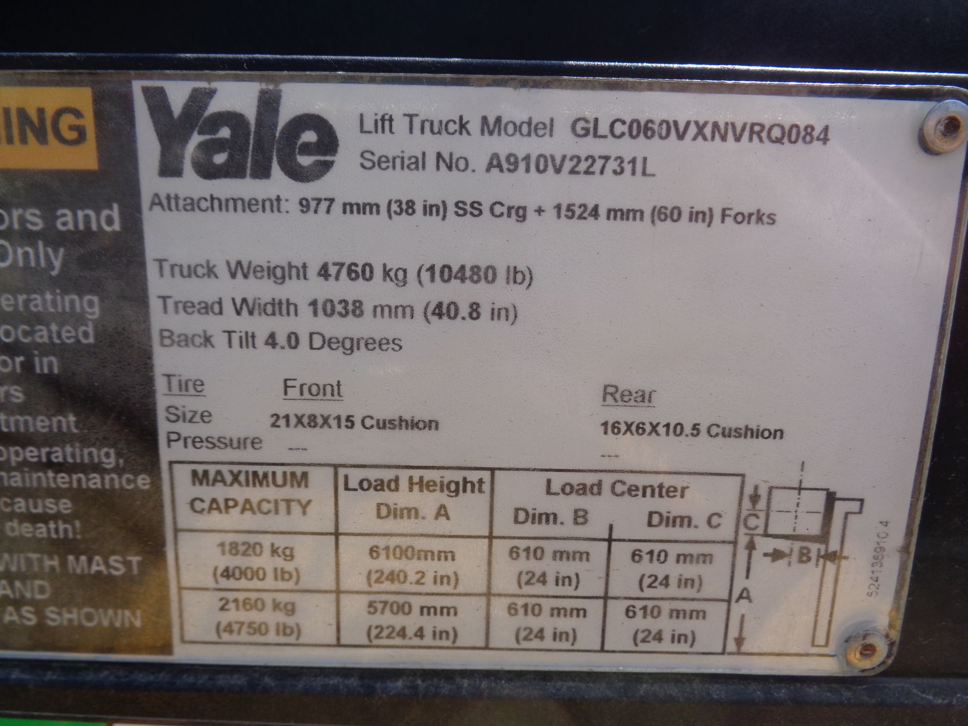 2012 Yale GLC060 6,000lbs Forklift - Quad mast - Image 16 of 16