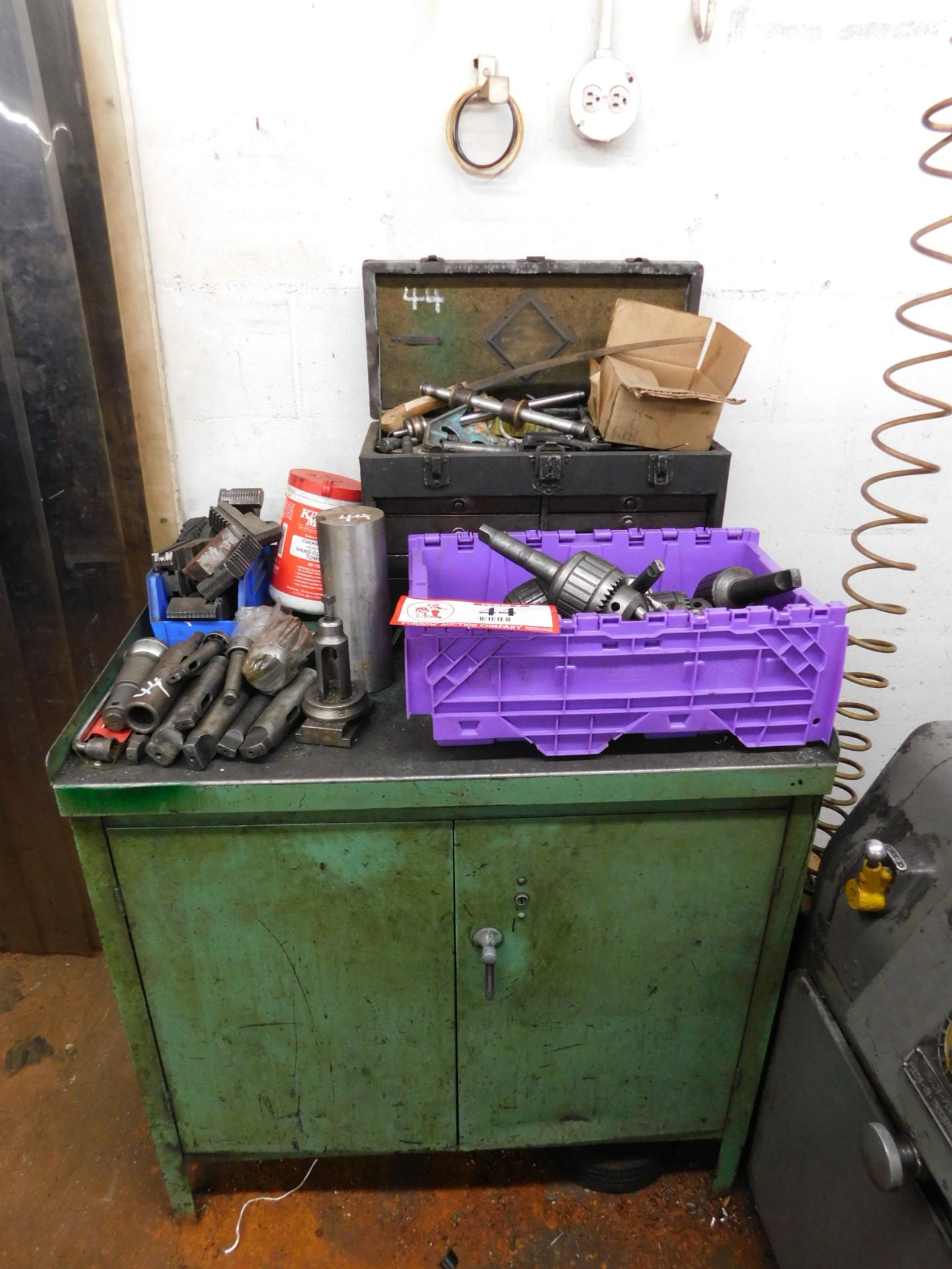 Cabinet Tool Box and Contents, Various Tool Holders, Chucks, Drill Chucks, Chuck Jaws, Tooling, Etc