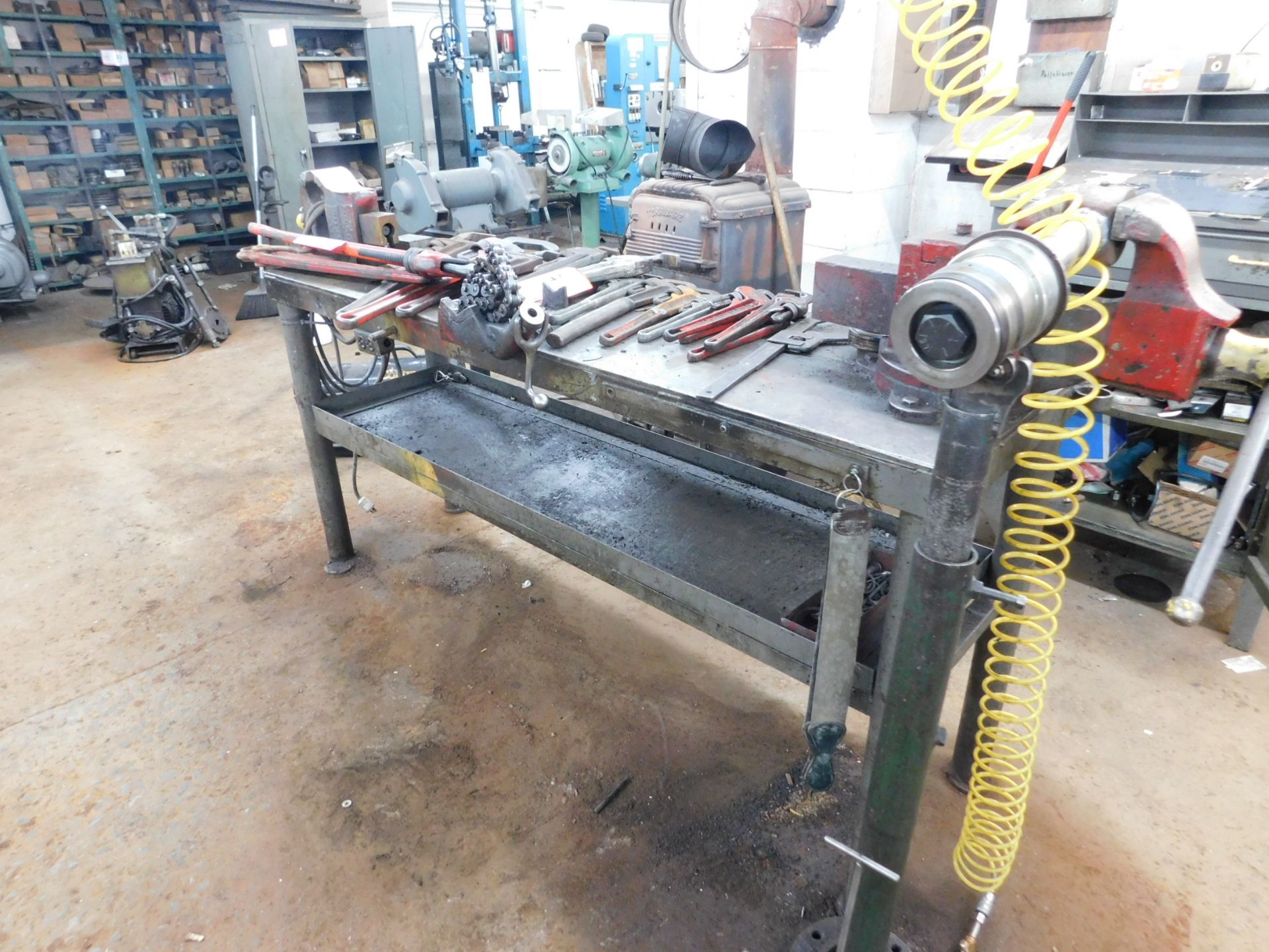 80" x 22" Custom Built Metal Shop Table w/ (2) Vises, (1) 4" and (1) 6" and Pipe Vise