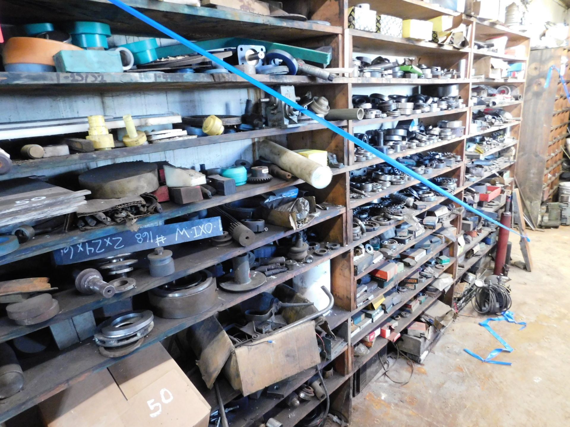 Contents of (3) Sections of Shelving, Various Bearings, Machine Parts, Pulleys, Etc