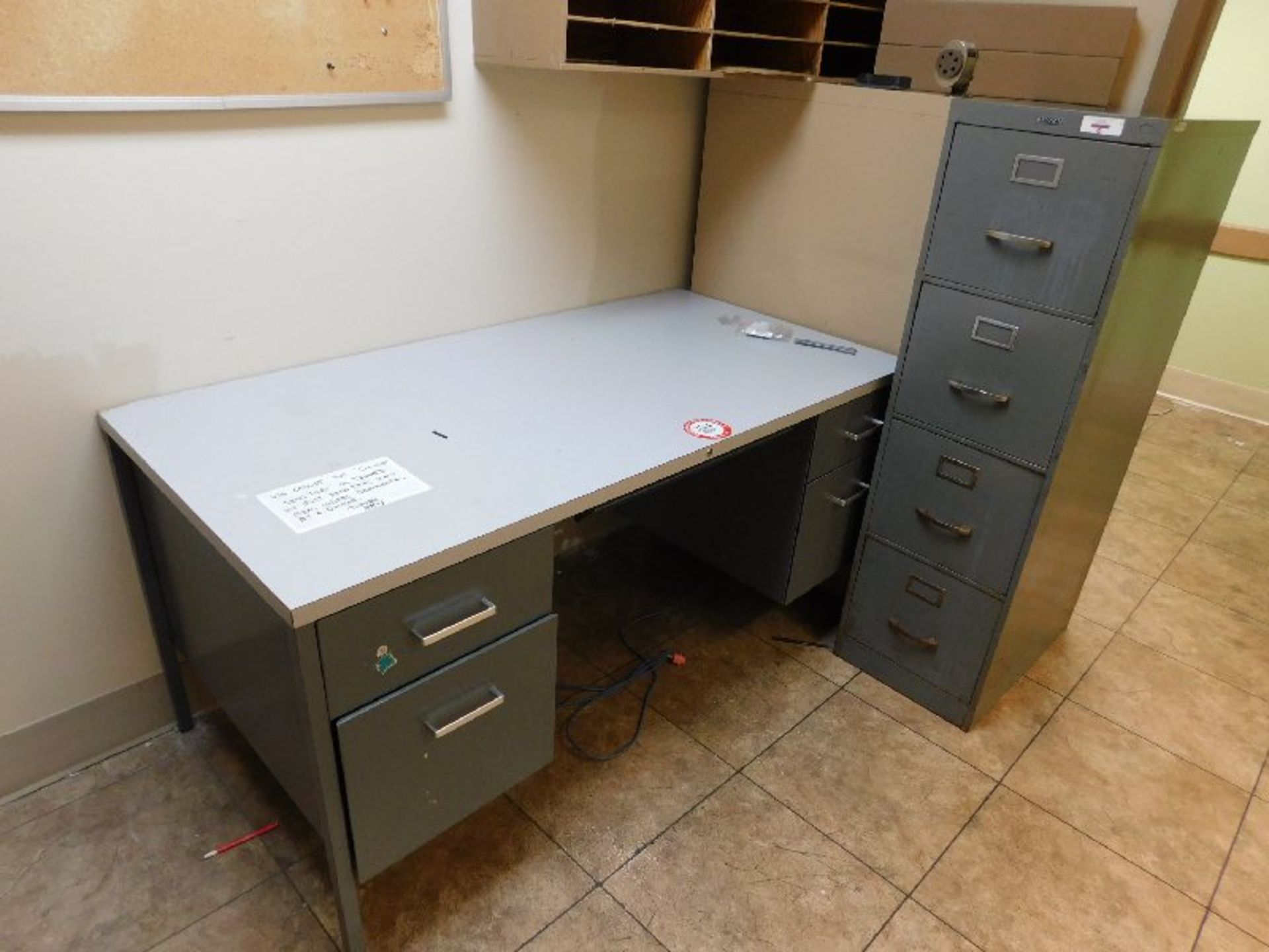 Metal Double Pedestal Desk, (2) 4- Drawer Metal File Cabinets