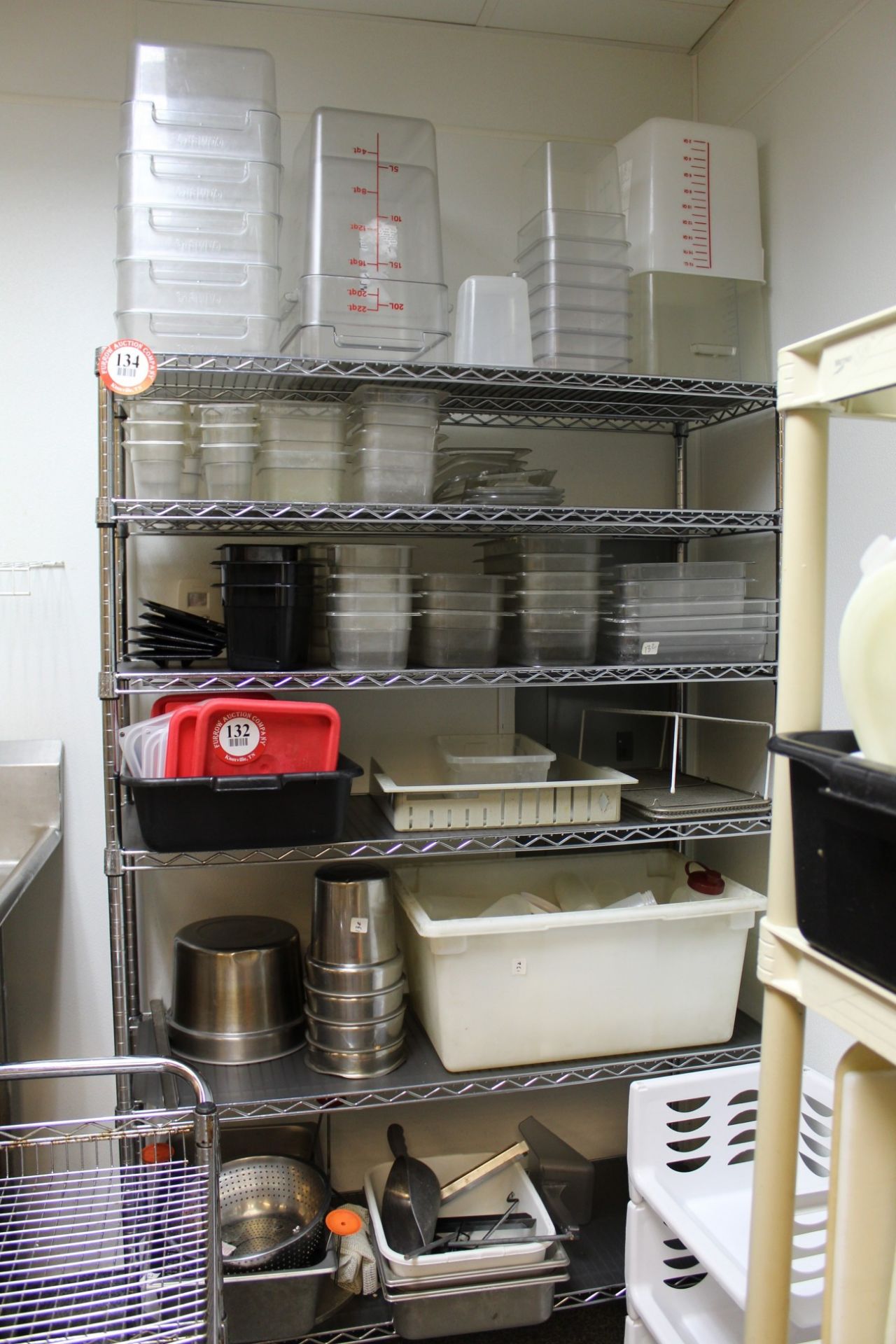 Contents of Shelf, Stainless Steel Drop-In Pans, Plastic Cambro Containers, Lids, Etc