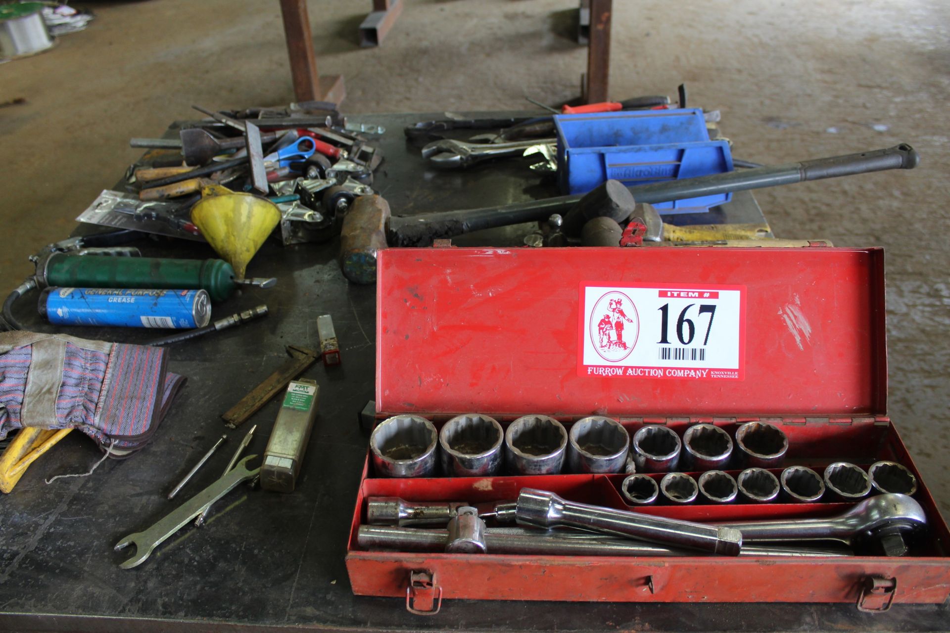Contents of Table To Include: Various Sockets, Ratchets, Wrenches, Hammer, Plyers, Etc.