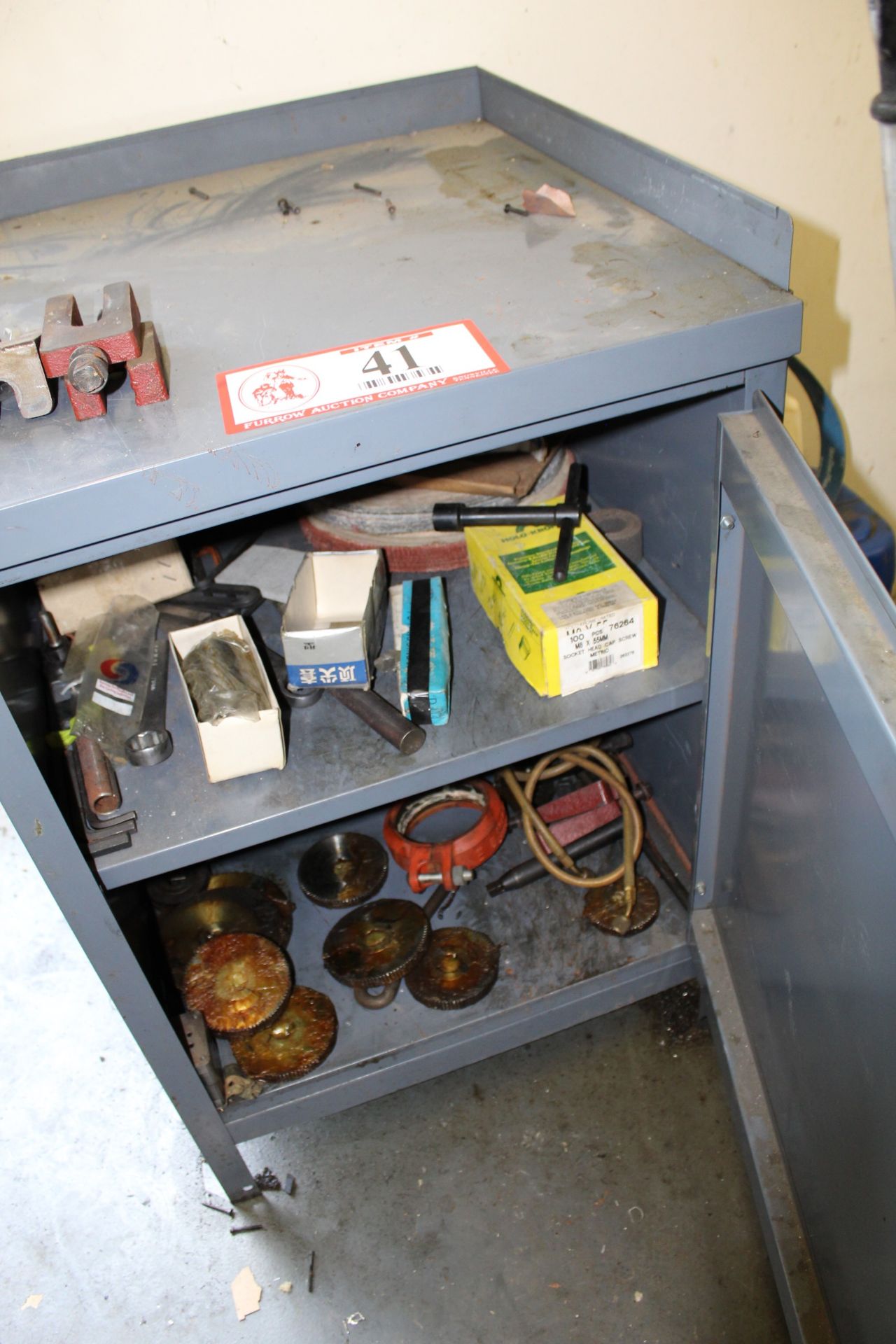 Cabinet and Contents To Include: Assorted Gear, Cap Screws, Tooling