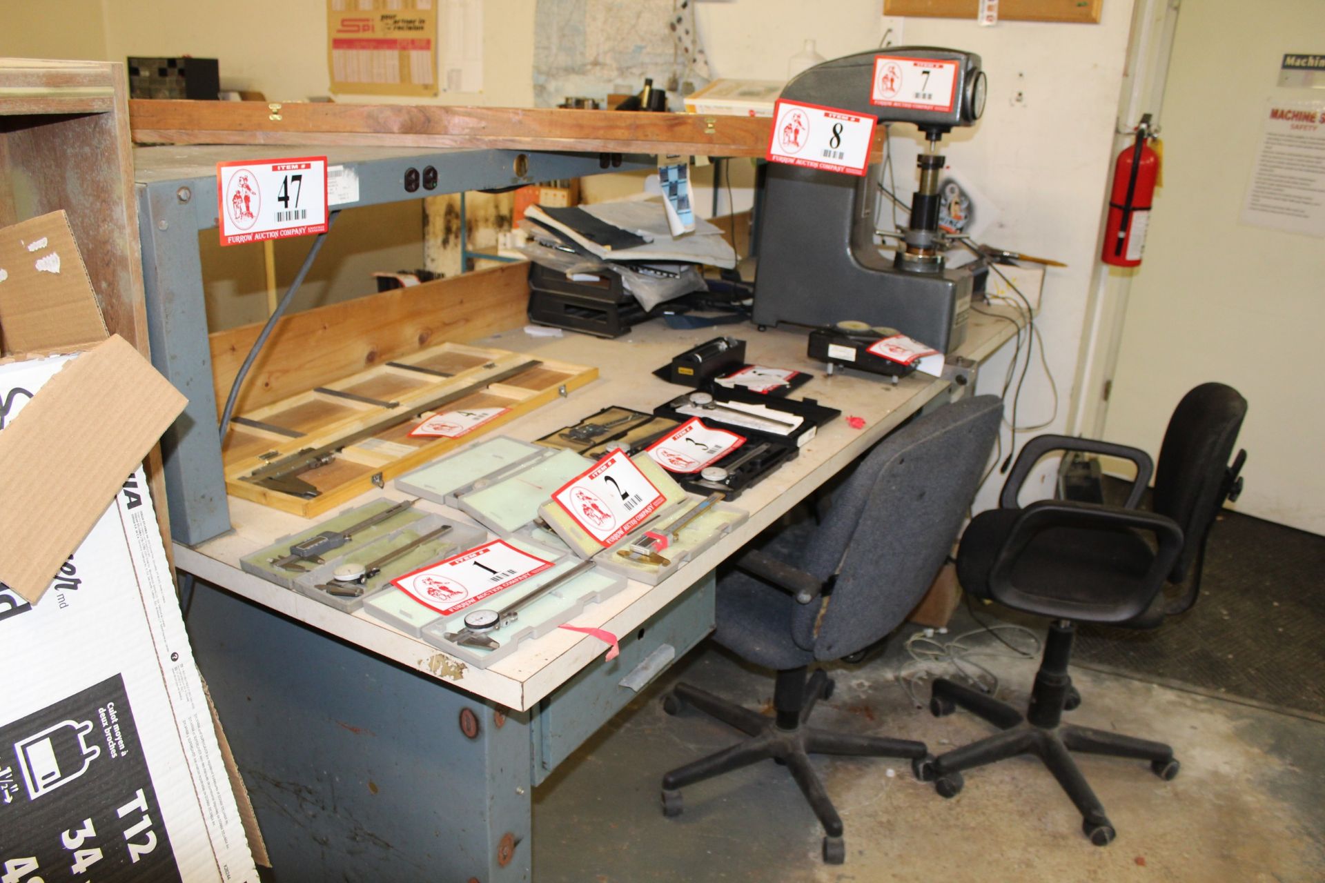 96" x 48" Metal Work Table w/ Drawers and Shelf and 72" x 36" Metal Framed Wooden Topped Work Table