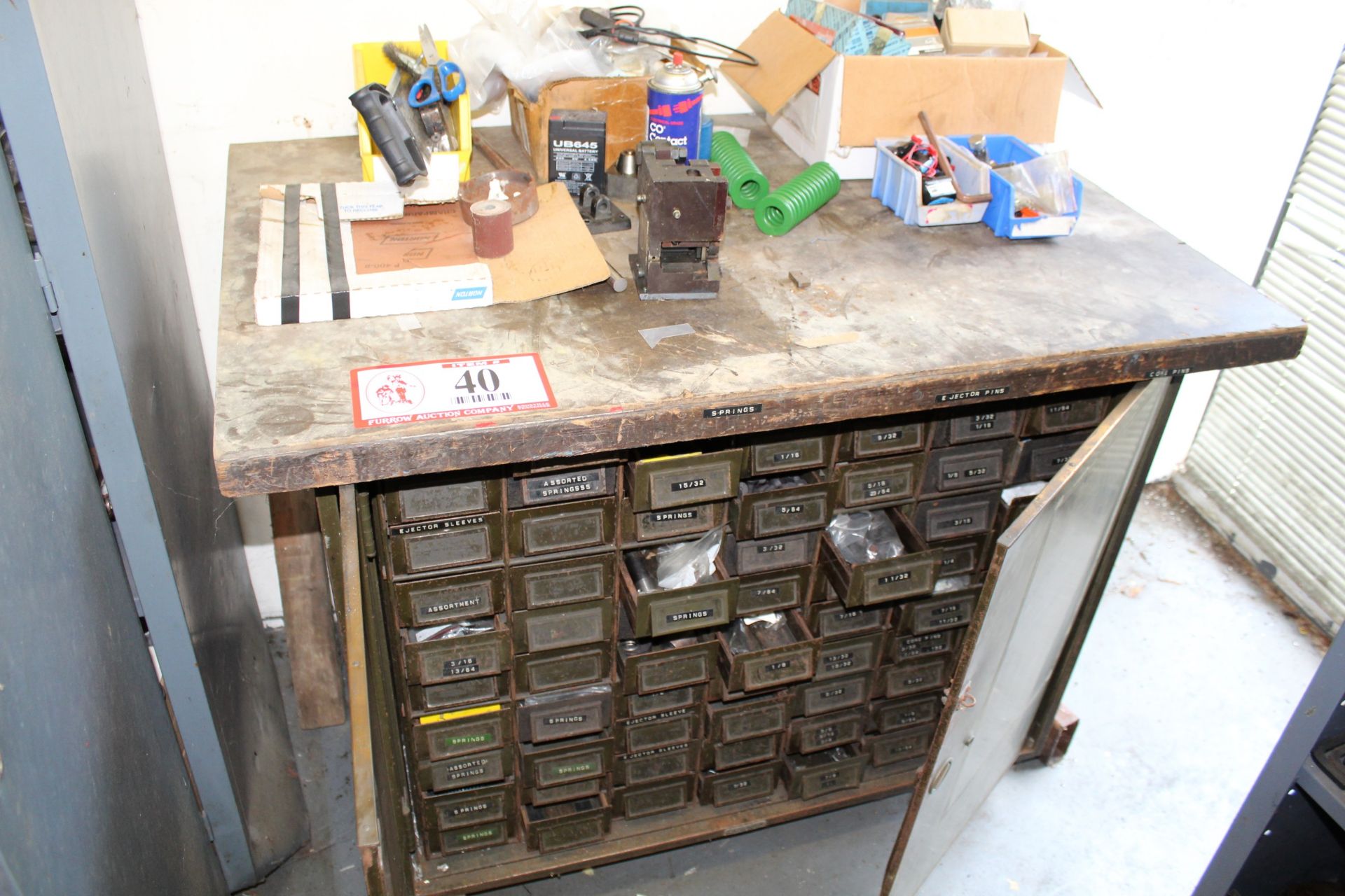 Cabinet and Contents To Include: Assorted Springs, Machine Screws, Bolts, Ejector Sleeves, Etc.
