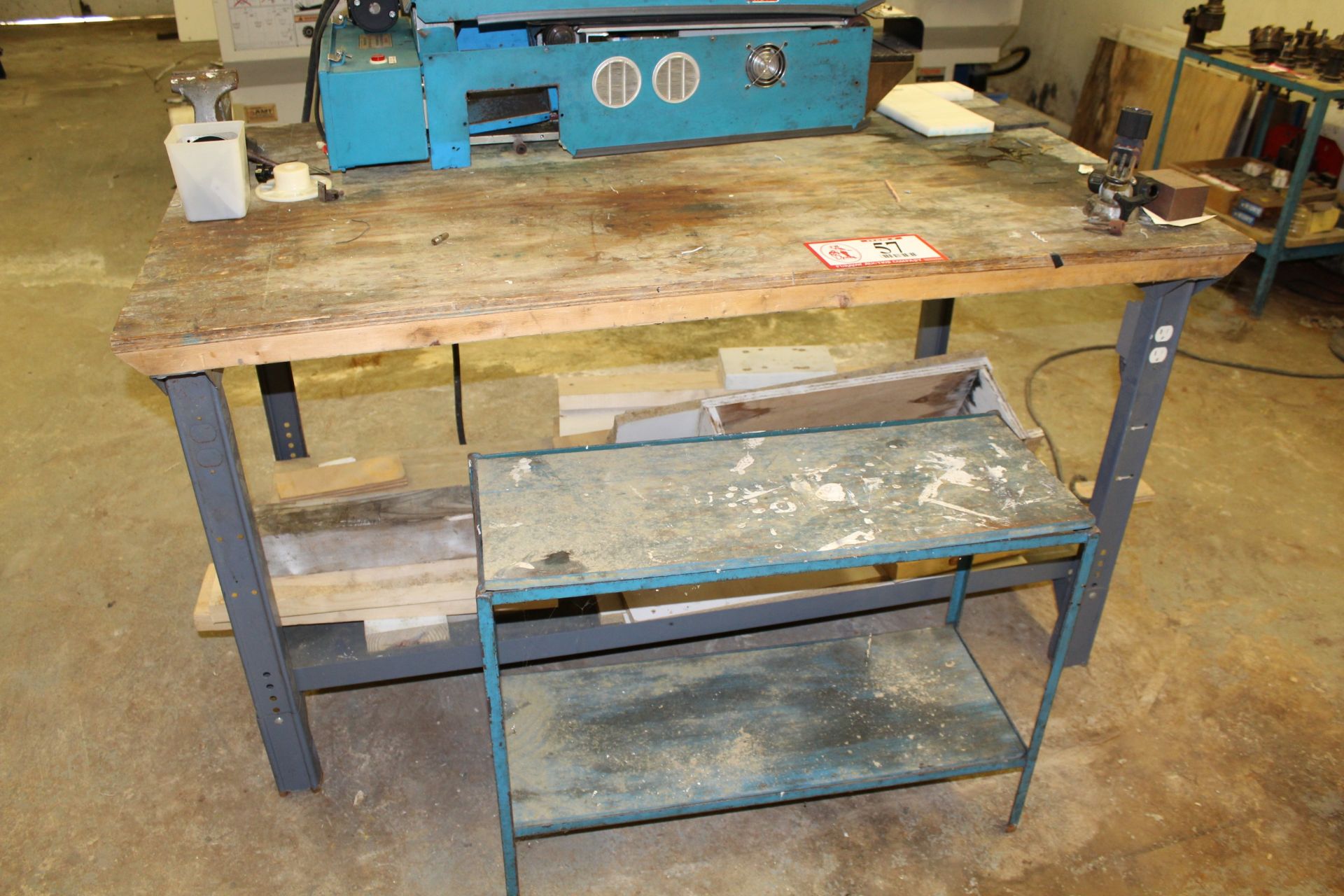 Metal Framed Wood Topped Work Table, 56" x 36" and a Small Custom Built Table 31" x 13"