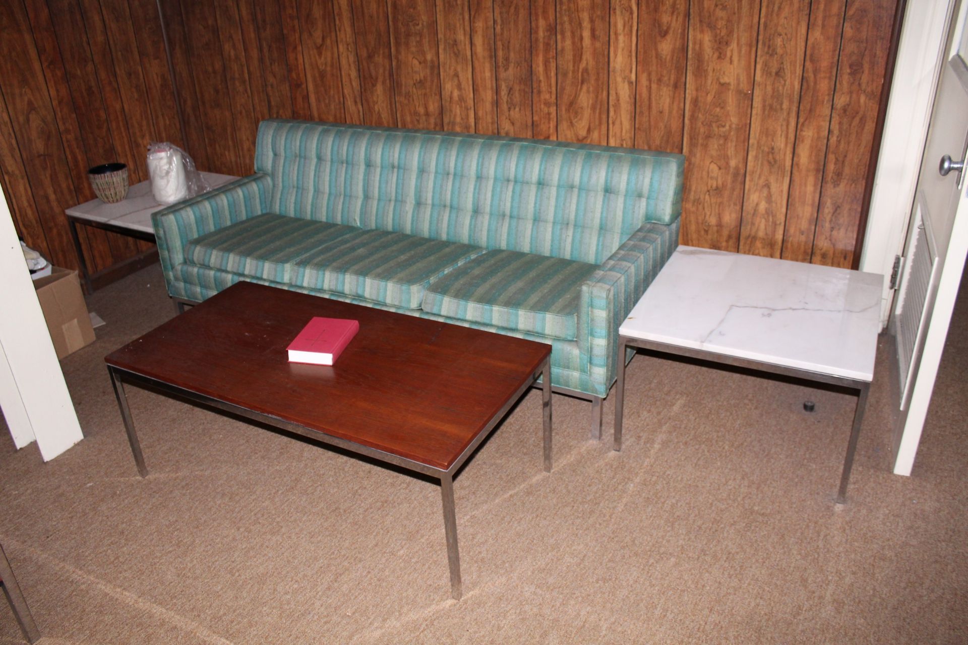 Contents of Office: Double Pedestal Wooden Desk, Task Chair on Castors, Upholstered Sofa, Metal - Image 2 of 2