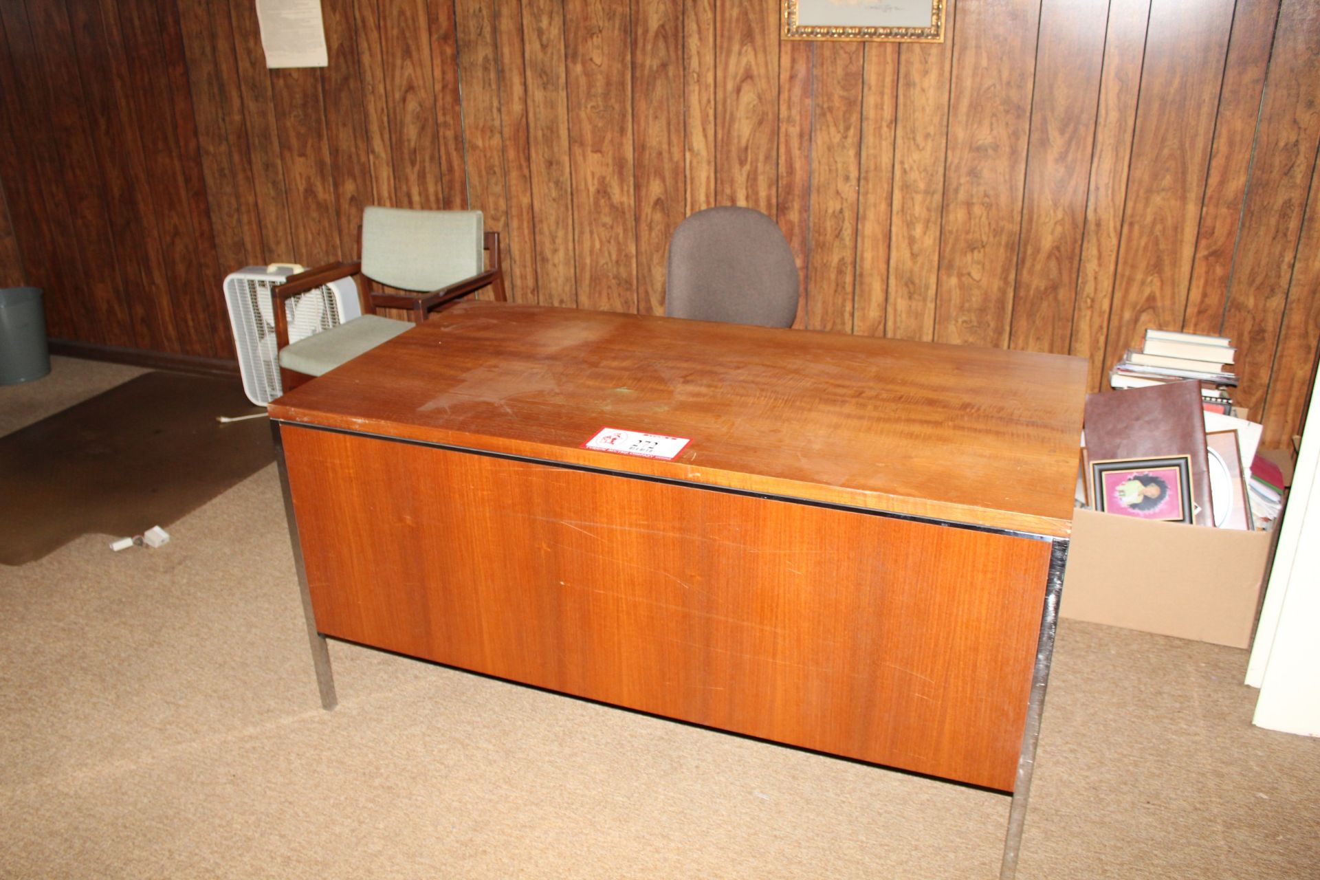 Contents of Office: Double Pedestal Wooden Desk, Task Chair on Castors, Upholstered Sofa, Metal