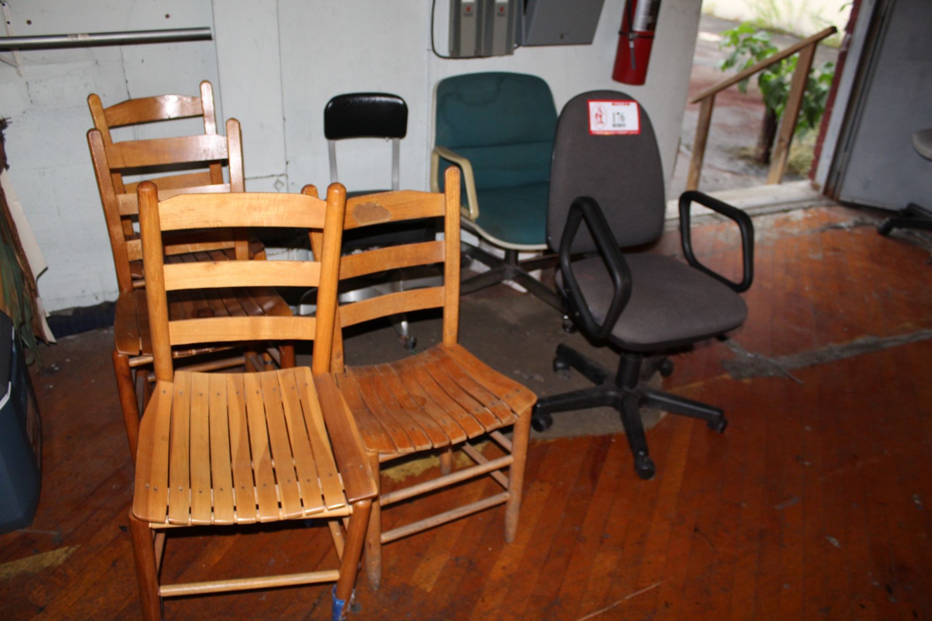 (8) Various Chairs- (4) Wooden Ladder Back and (4) Office Chairs on Casters