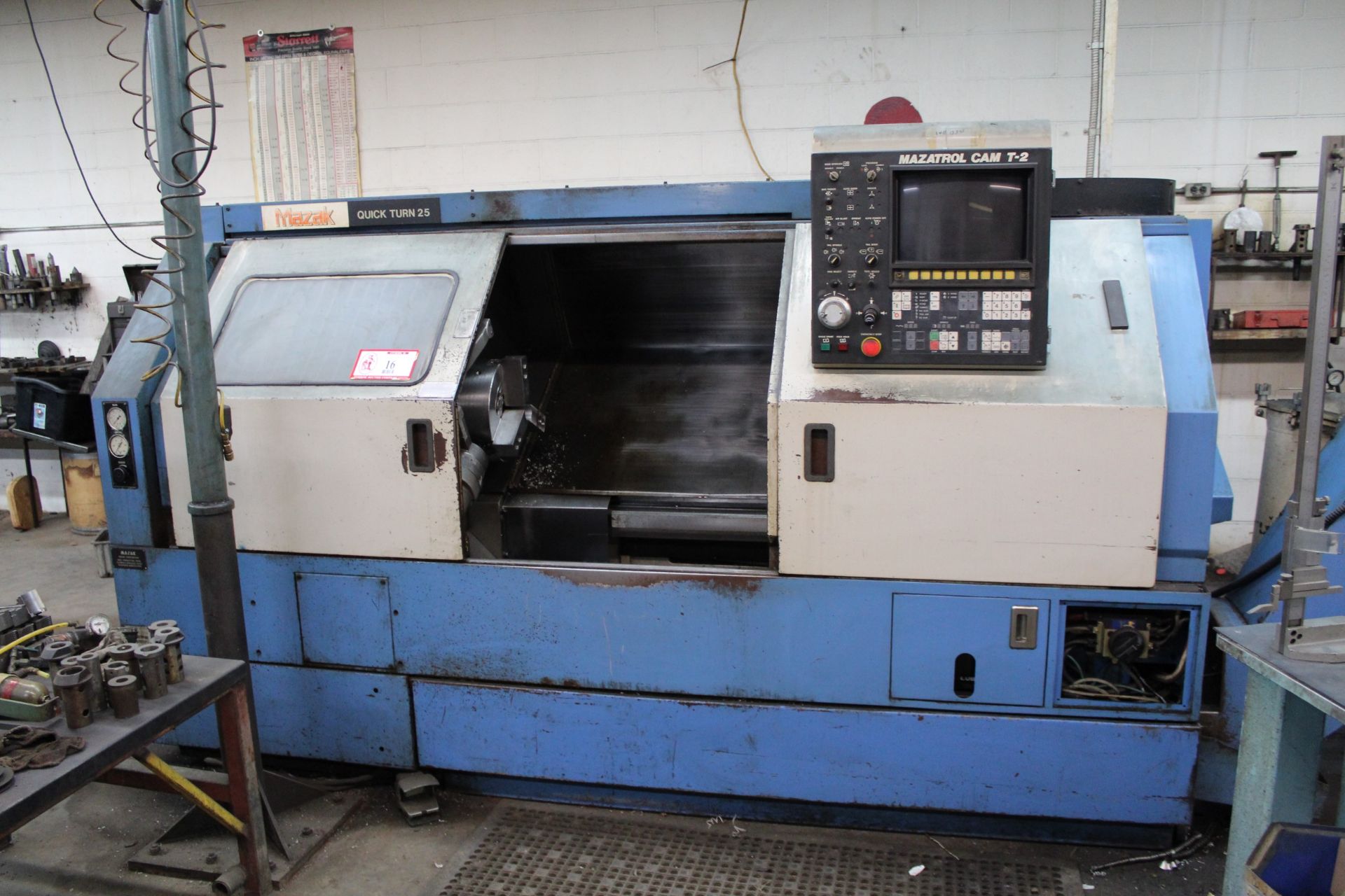 1998 Mazak Quick Turn 25 CNC Lathe w/ Mazatrol Cam T-2 Controls Chip Conveyor