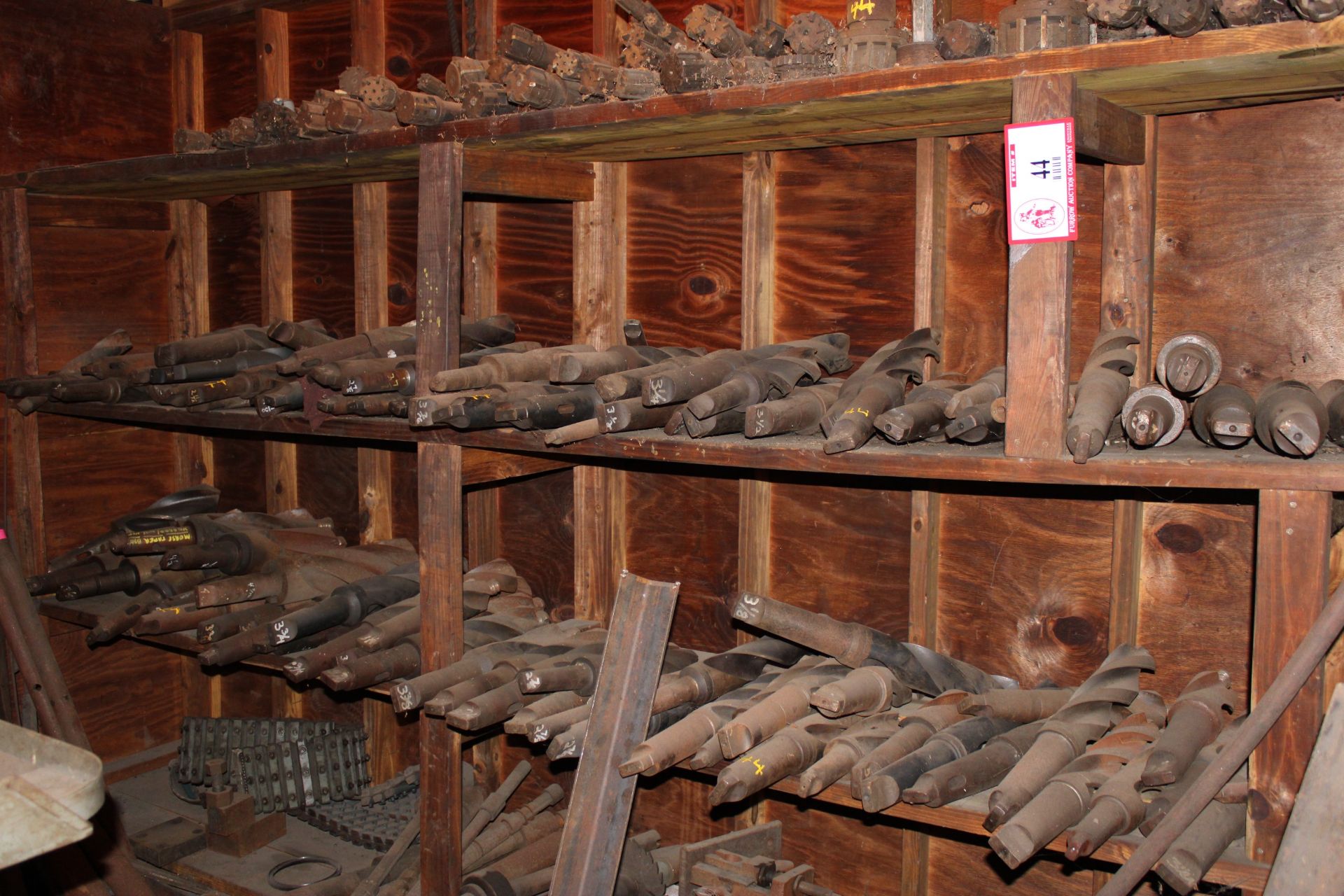 Contents of Wooden Shelves: Various Mill Cutters, Taper Drill Bits, Tool Arbors, Drill Bits