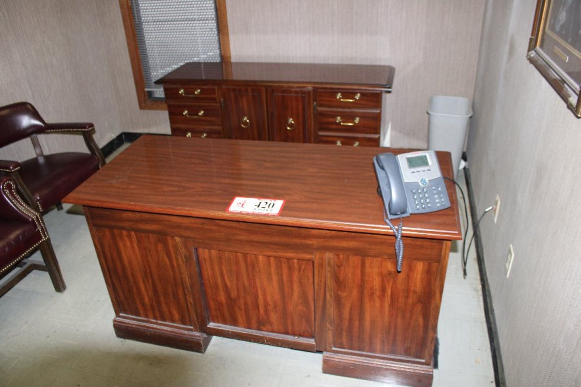 Wooden Double Pedestal Desk, Credenza, 2 Upholstered Side Arm Chairs, Wooden Framed Bottom & Back - Image 2 of 2