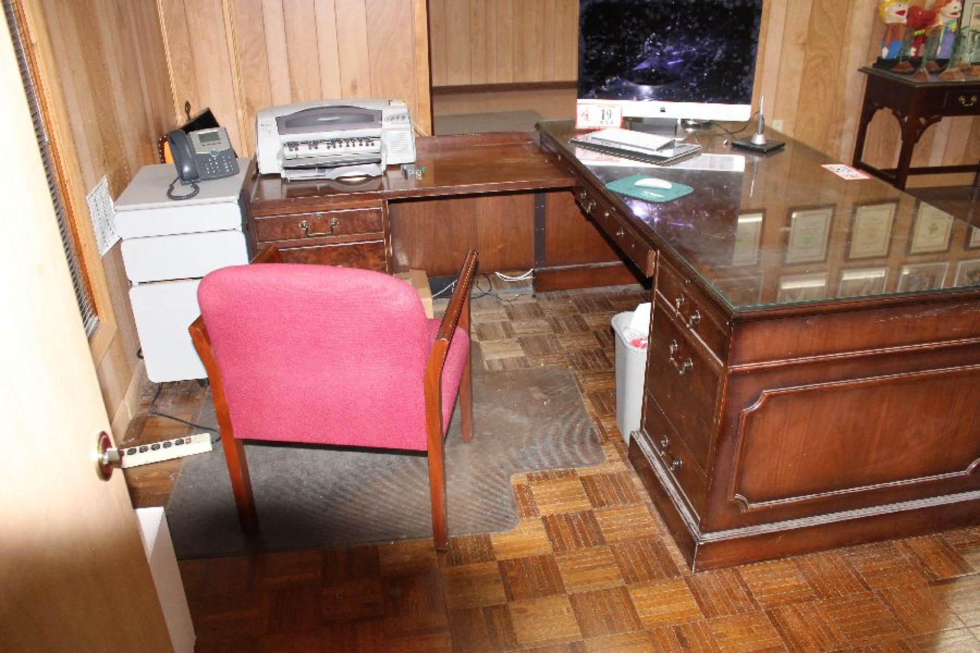 Remaining Contents of Office- Wooden Desk w/ Left Hand Return, (2) Wooden Bookshelves, (2) Metal &