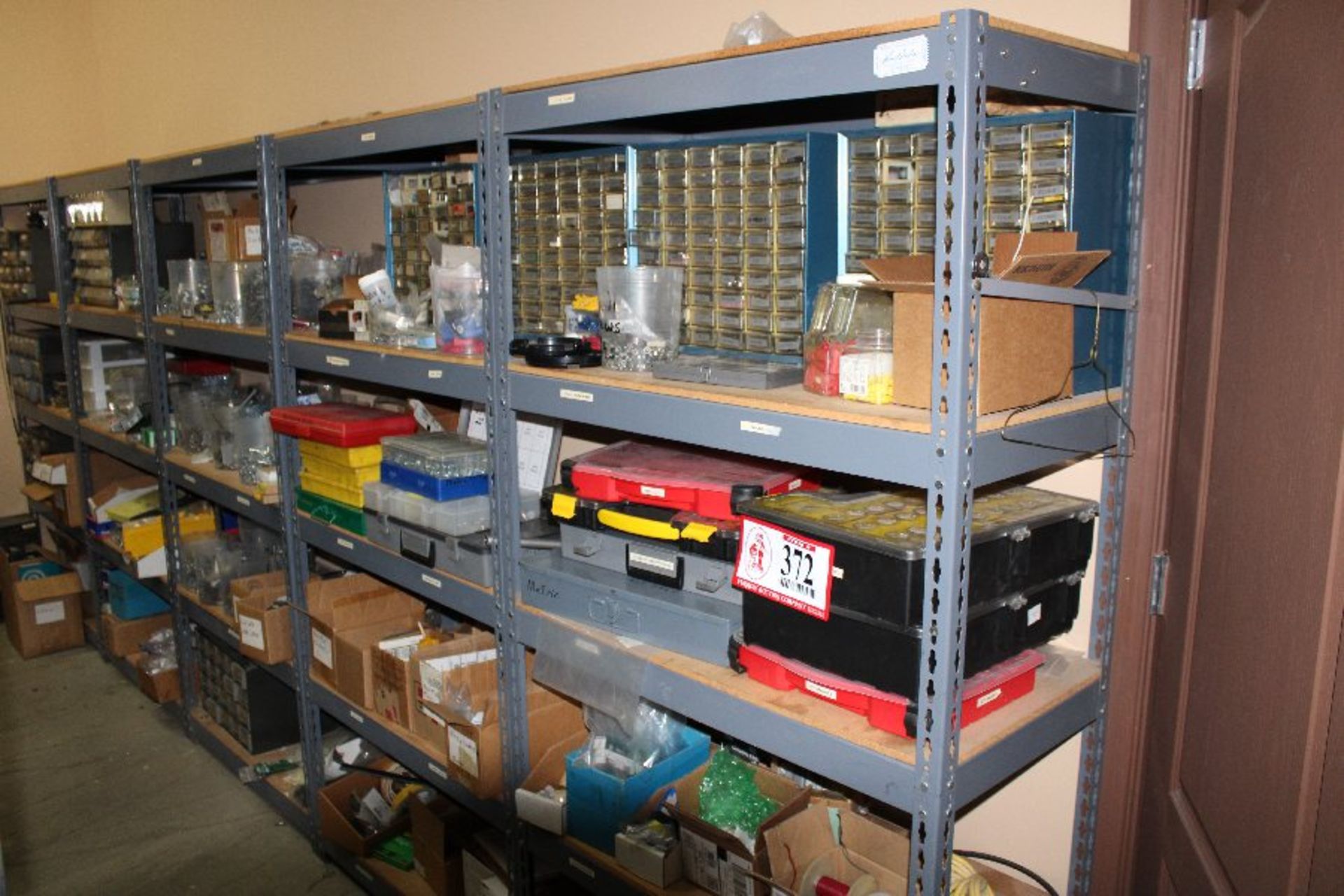 Contents of (5) Sections of Metal Shelving: Bolts, Screws, Wing Bolts, Electrical Parts, Components,
