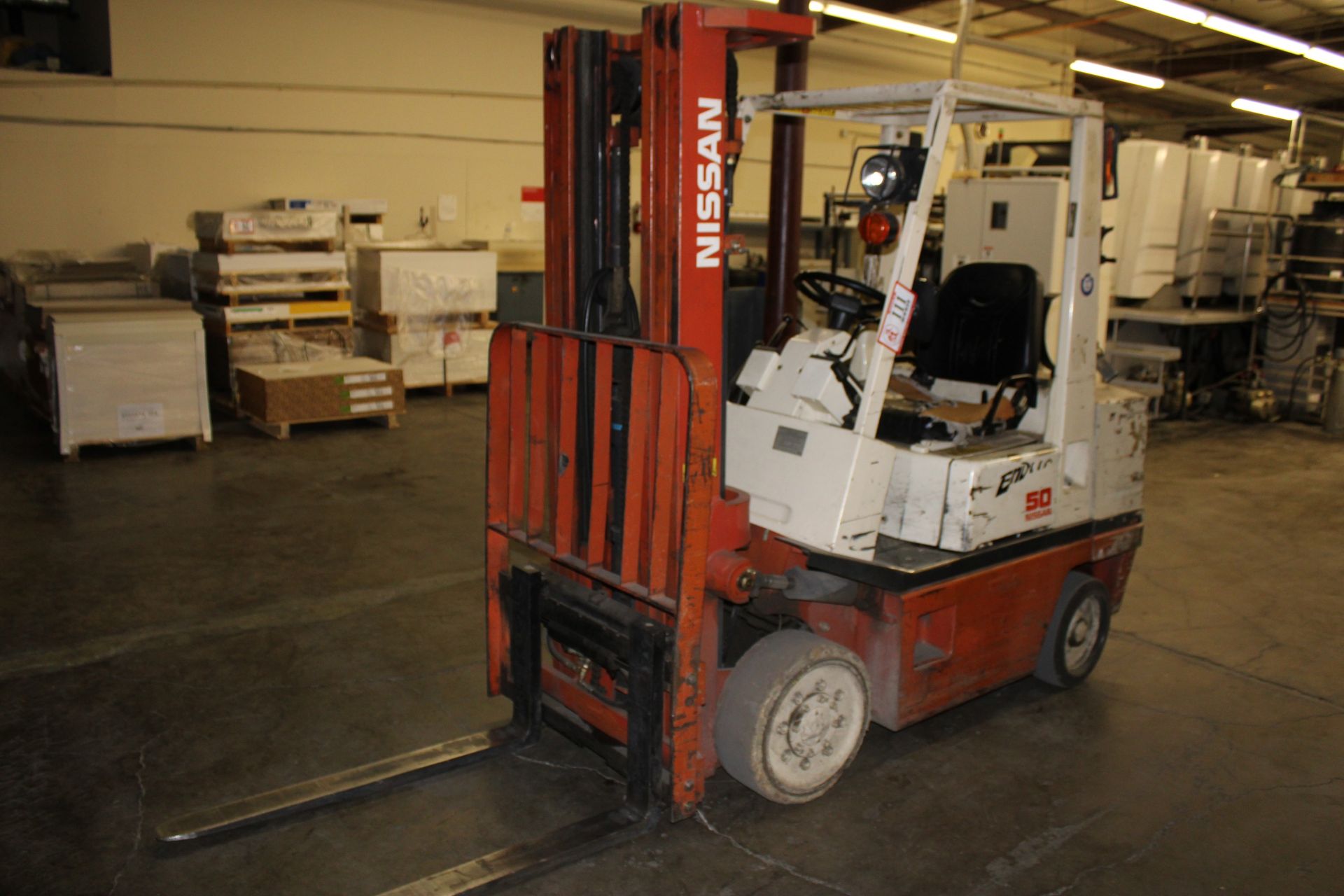 Nissan Enduro 50 Model KCPH02A25PV Forklift, 5000lb, 187" Lift, Solid Tired, LP Gas, 9886 Hrs. s/n