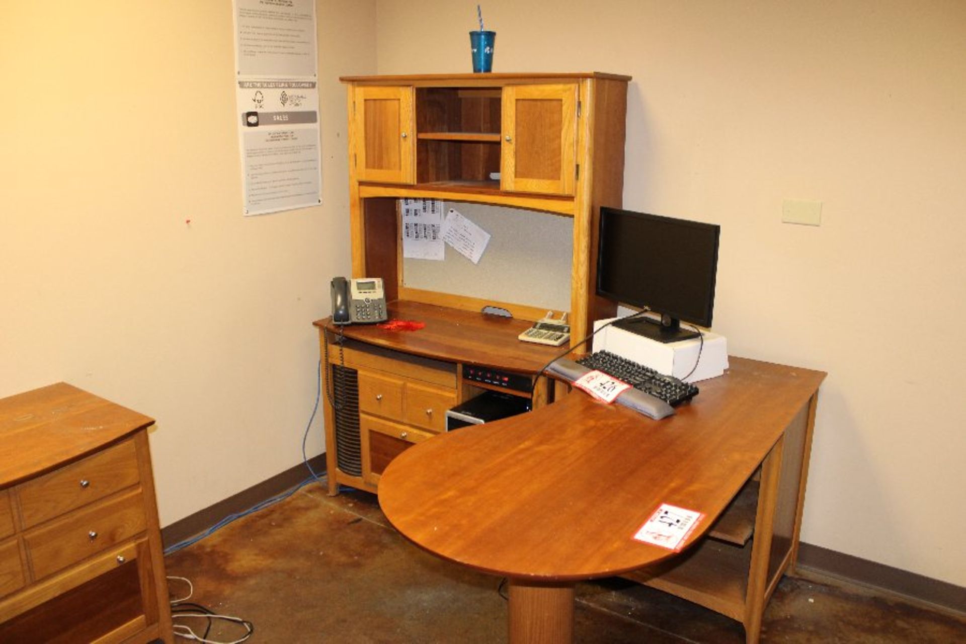 Oak Computer Work Station w/ Hutch, Right Hand Return, Oak Chest, Oak Bookshelf, Wooden Credenza, (