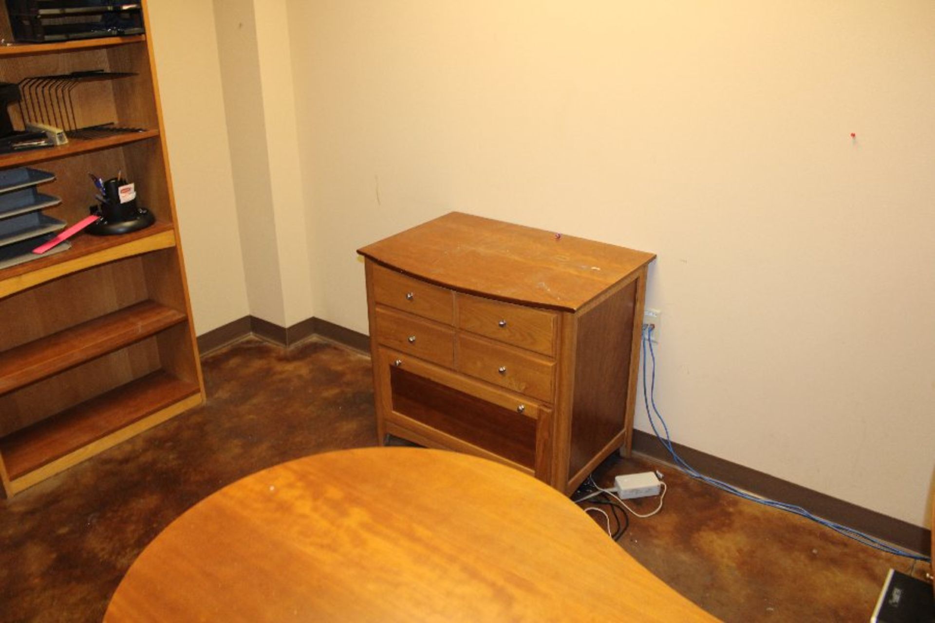 Oak Computer Work Station w/ Hutch, Right Hand Return, Oak Chest, Oak Bookshelf, Wooden Credenza, ( - Image 2 of 4