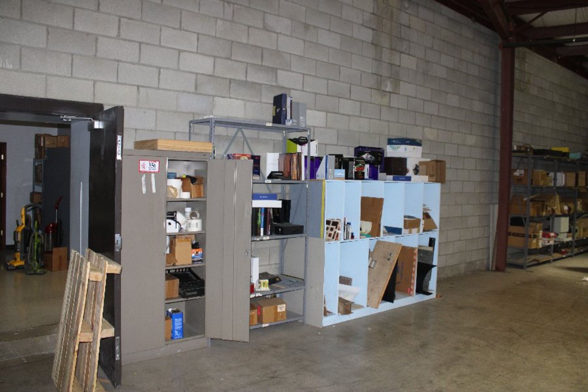 2 Door Metal Storage Cabinets (5) Sections of Adjustable Metal Shelving (1) Wooden Shelf w/