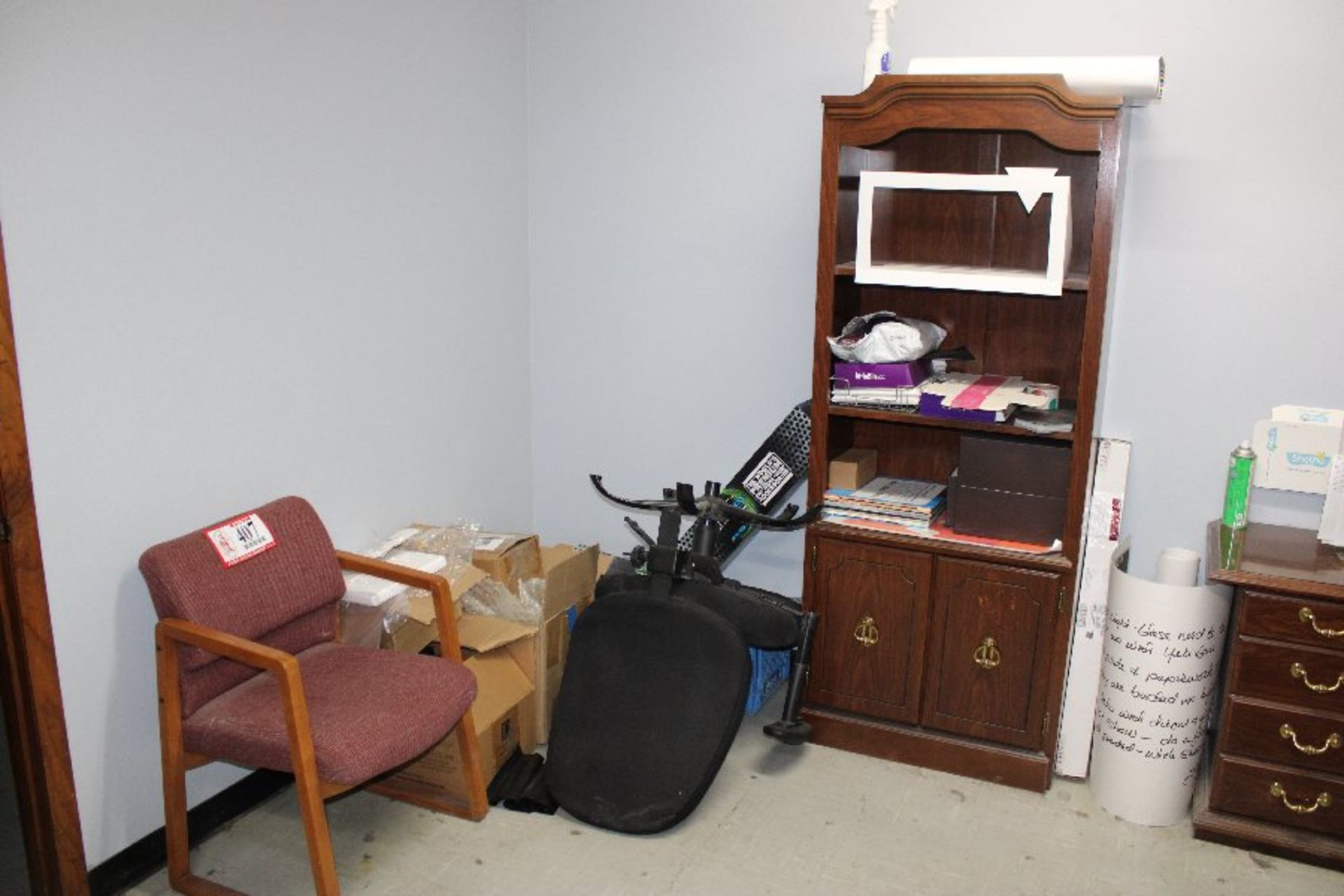 Remaining Contents of Office- Wooden Double Pedestal Desk, Matching Credenza, Bookshelf, Task