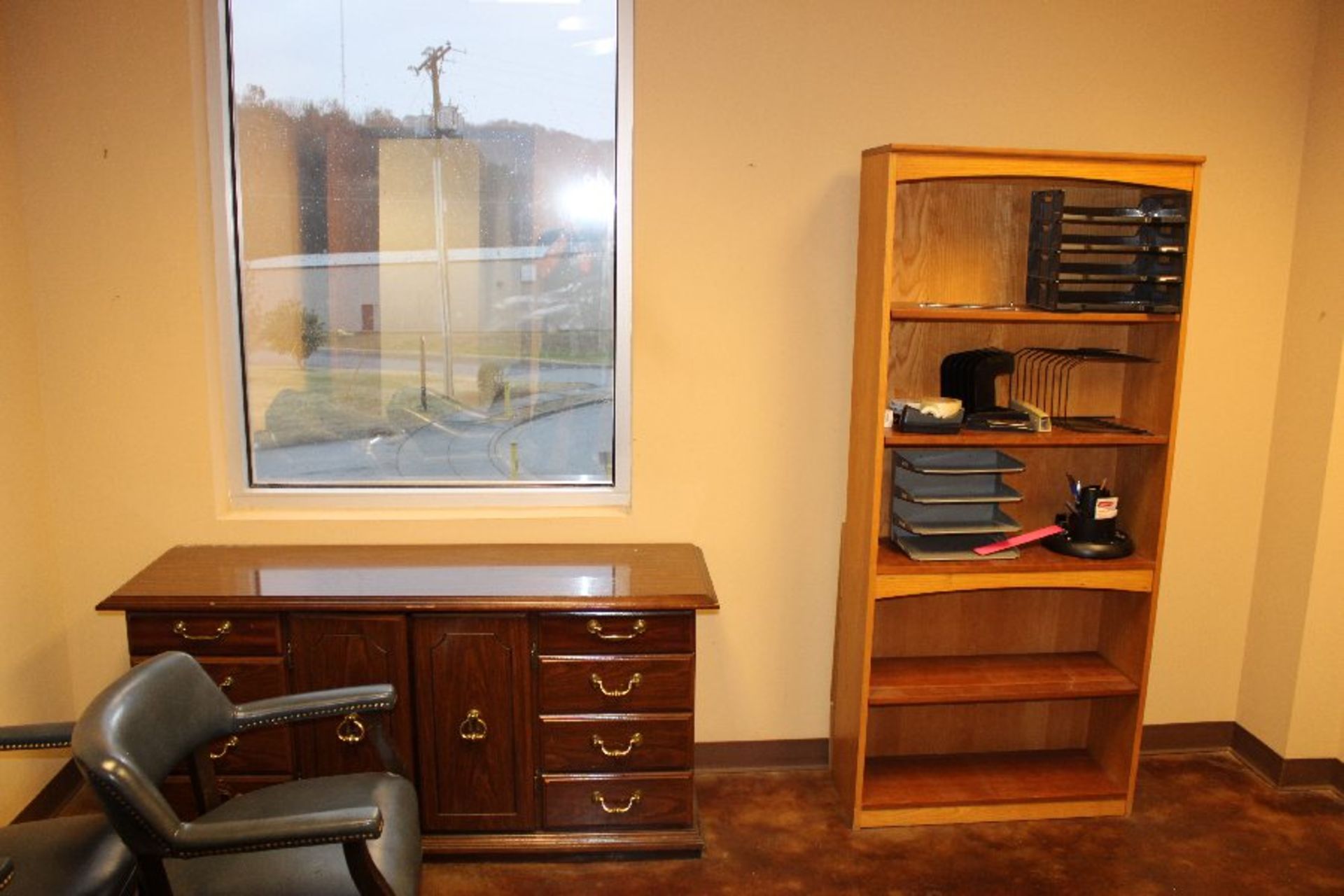 Oak Computer Work Station w/ Hutch, Right Hand Return, Oak Chest, Oak Bookshelf, Wooden Credenza, ( - Image 3 of 4