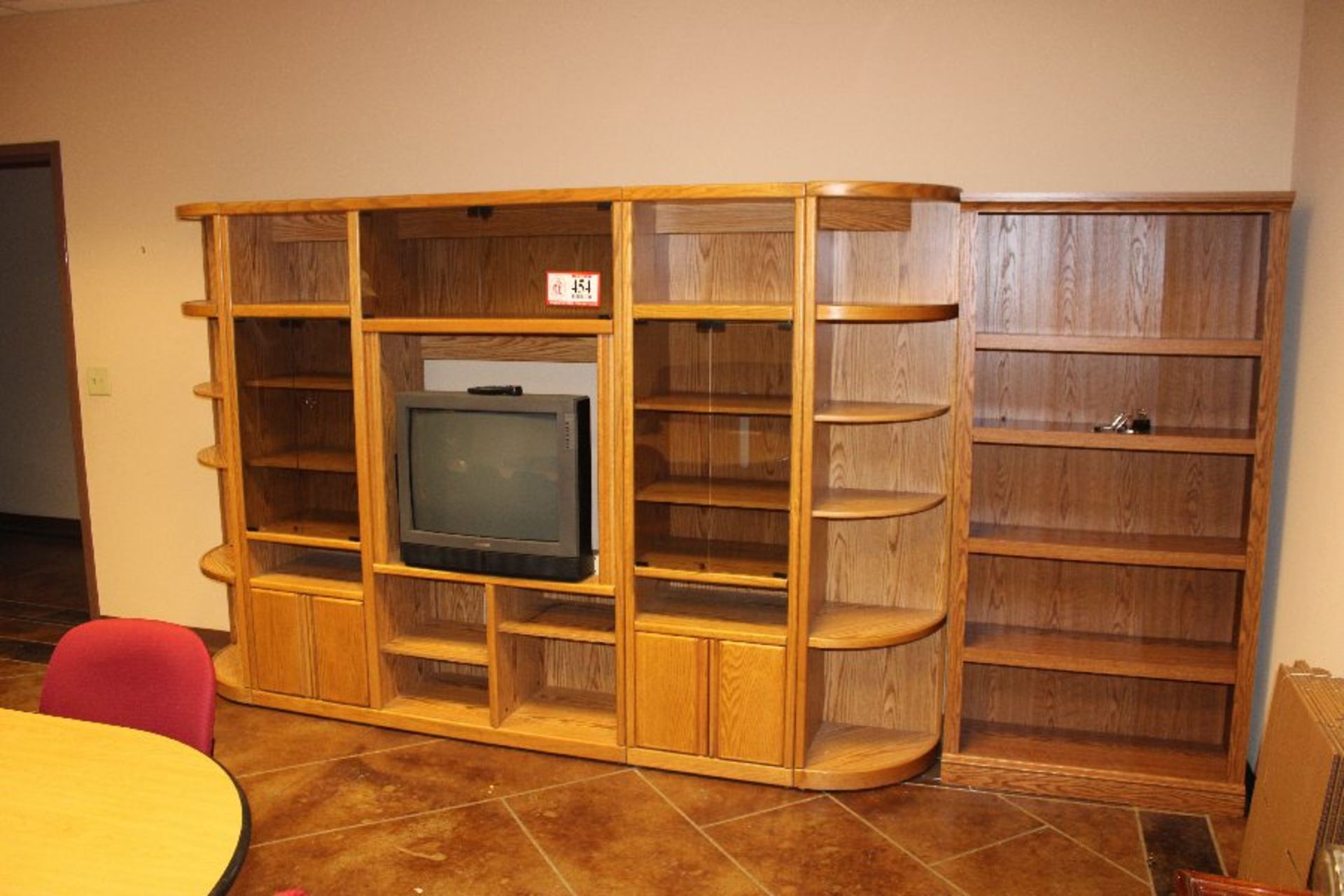 Oak & Pressed Wood Entertainment Center w/ Glass Doors, Side Curio