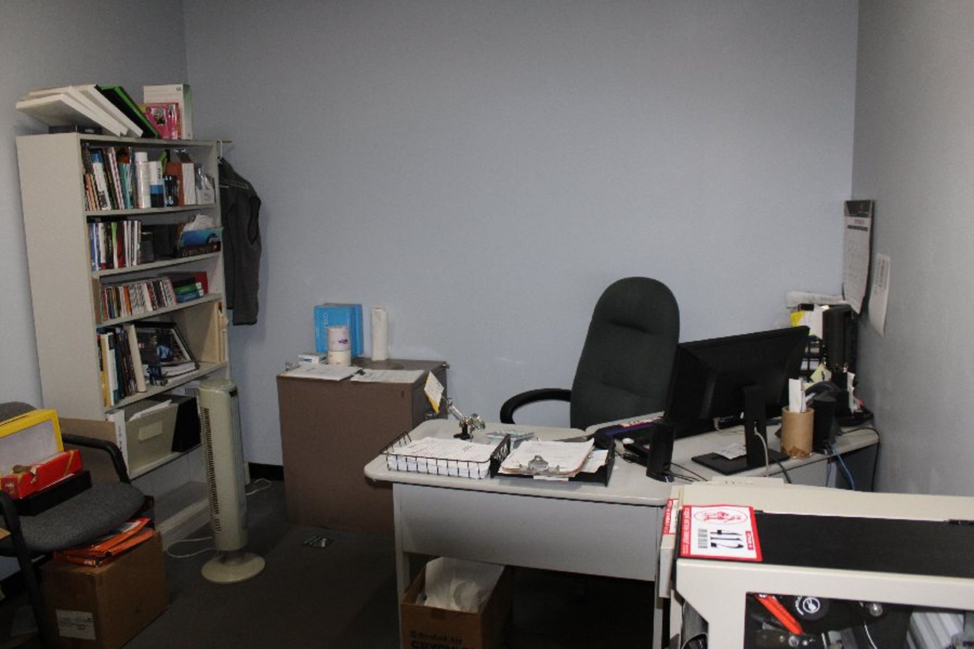 Remaining Contents of Office: Computer Corner Type Work Station, Pressed Wood Desk, Pressed Wood