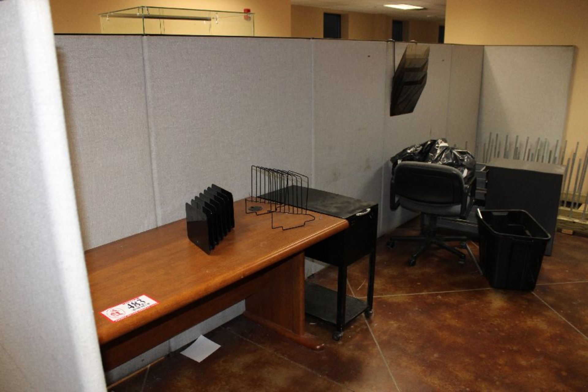 (7) Office Divider Panels & contents- Pressed Wood Desk, Metal Single Door Cabinet, Metal 2 Drawer