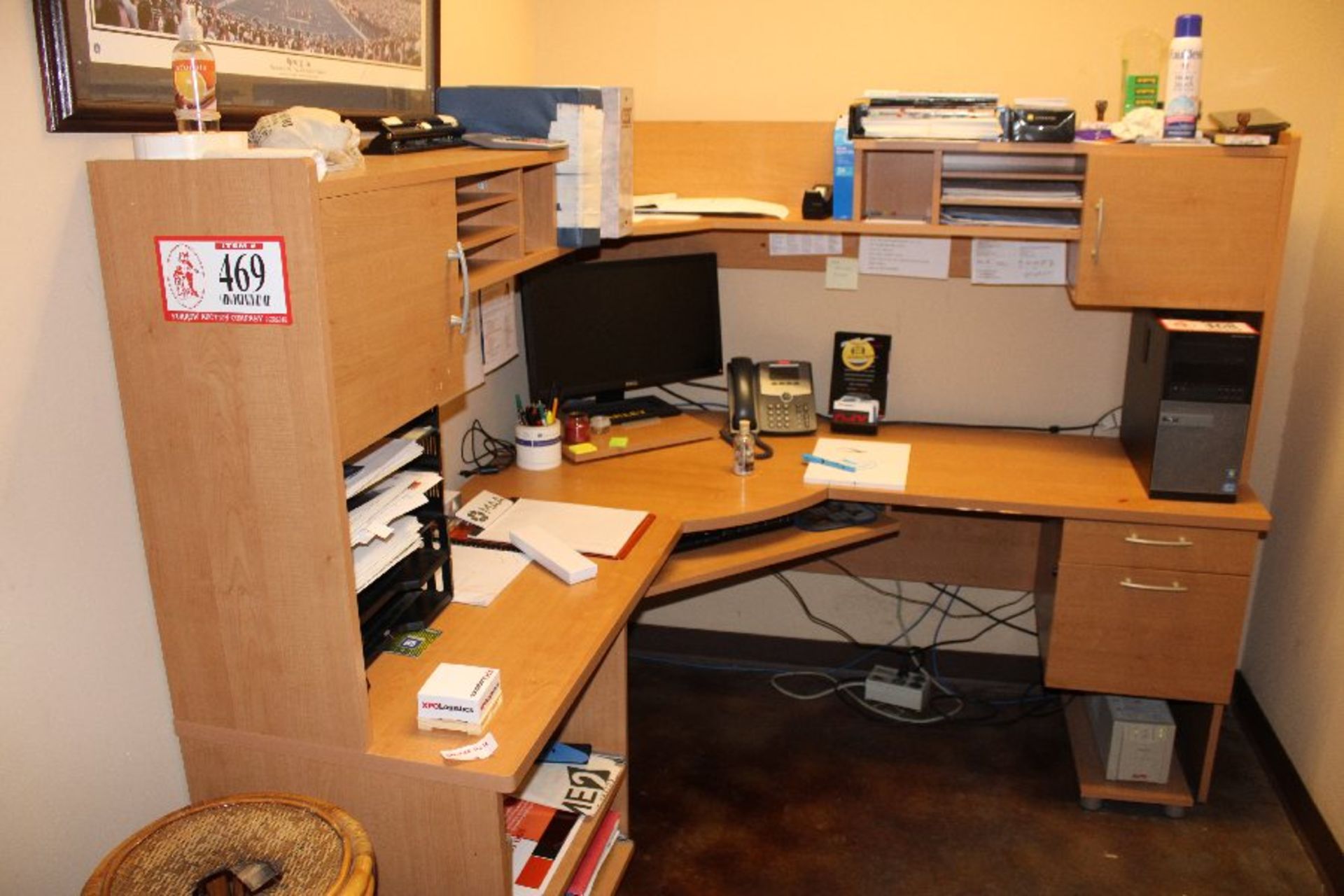 Remaining Contents of Office: Pressed Wood Corner Type Computer Workstation w/ Hutch, Bonded Leather