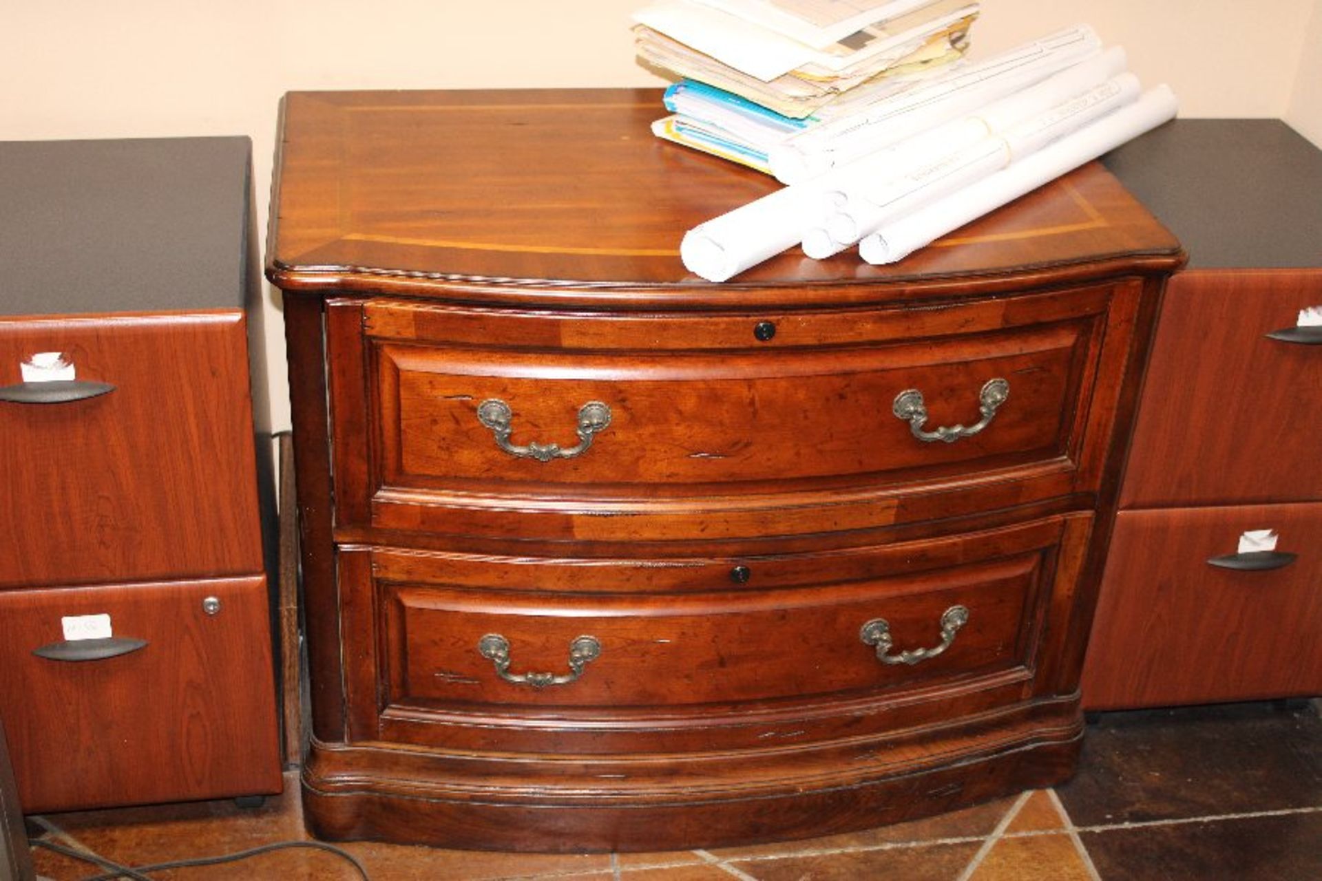 Walnut Double Pedestal Executive Desk w/ Matching Credenza w/ Hutch & (2) Walnut Matching 2 Drawer - Image 2 of 3