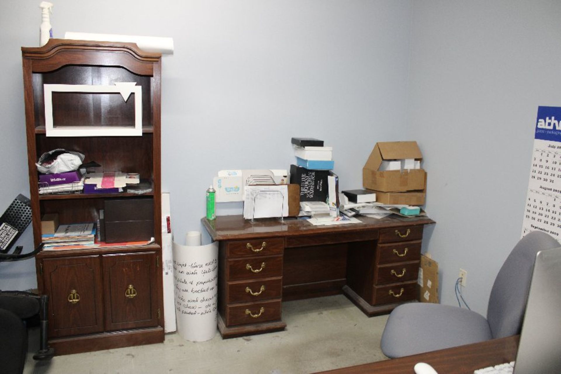 Remaining Contents of Office- Wooden Double Pedestal Desk, Matching Credenza, Bookshelf, Task - Image 2 of 3